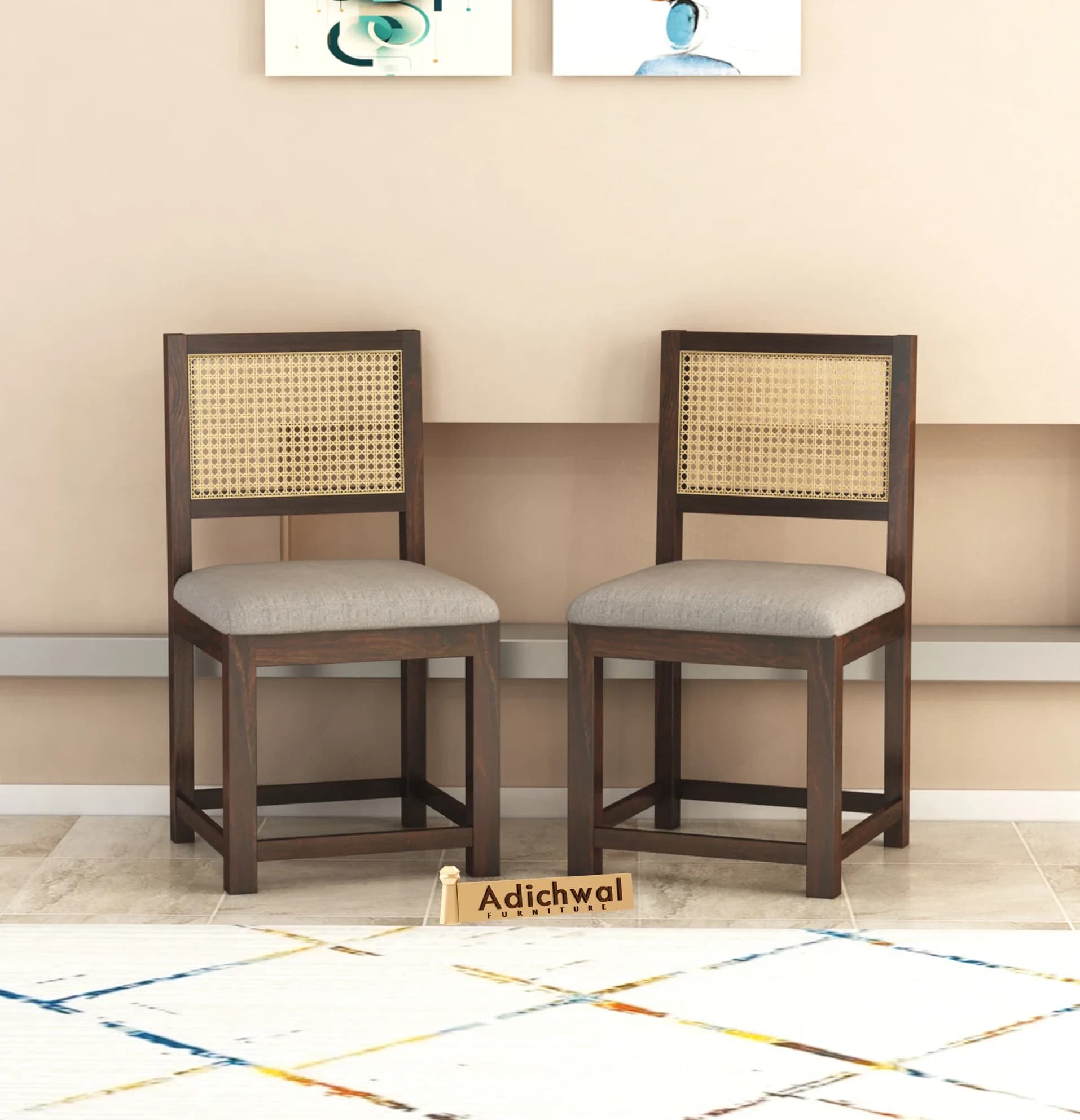 Solid Sheesham Wood Cane Back Dining Chair with Cushioned Seat | Grey Fabric Upholstery in Walnut Finish