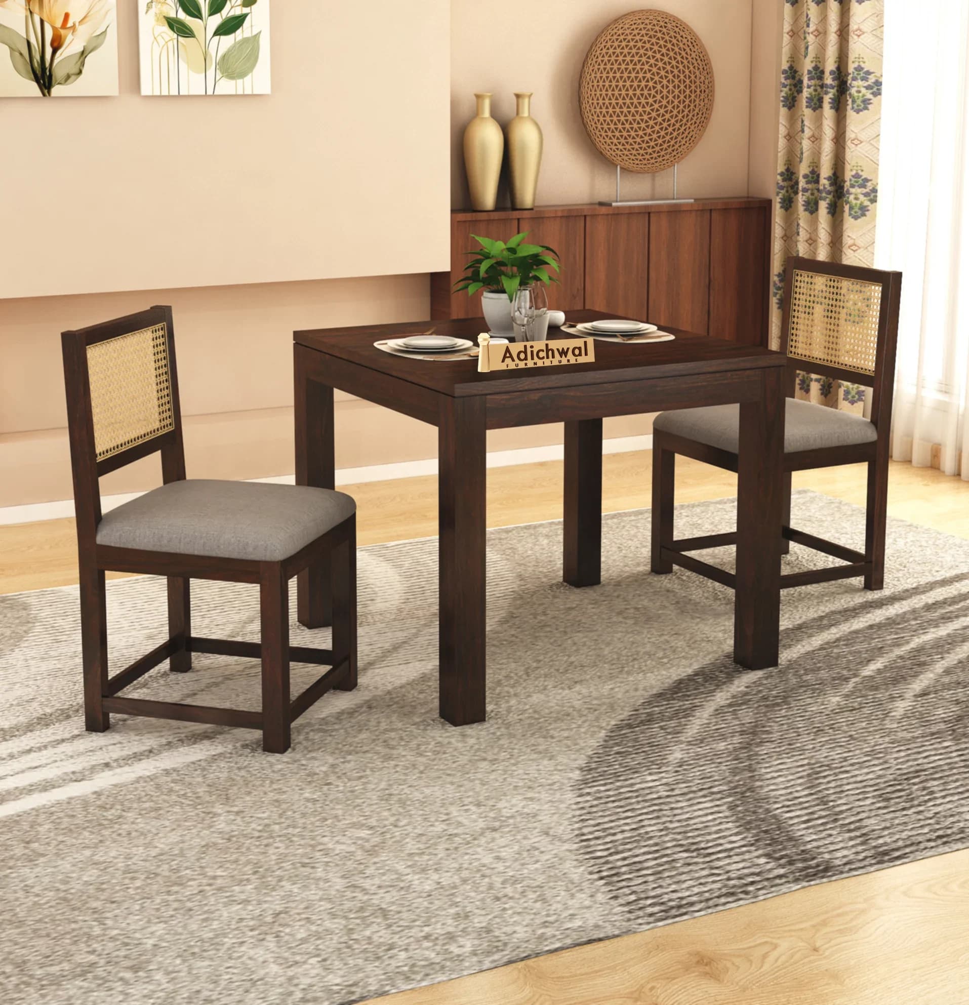Solid Sheesham Wood 2-Seater Dining Table Set with Cane Back Chairs | Compact Dining Set in Walnut Finish
