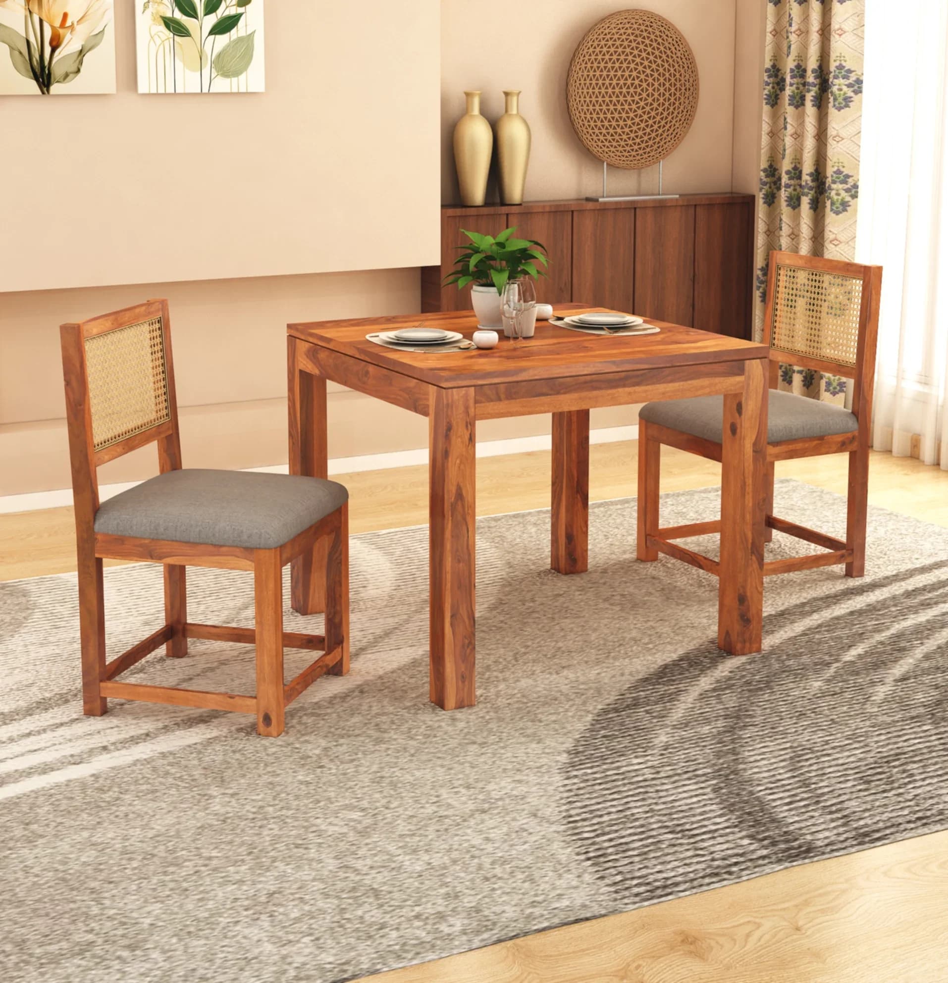 Solid Sheesham Wood 2-Seater Dining Table Set with Cane Back Chairs | Compact Dining Set in Honey Finish