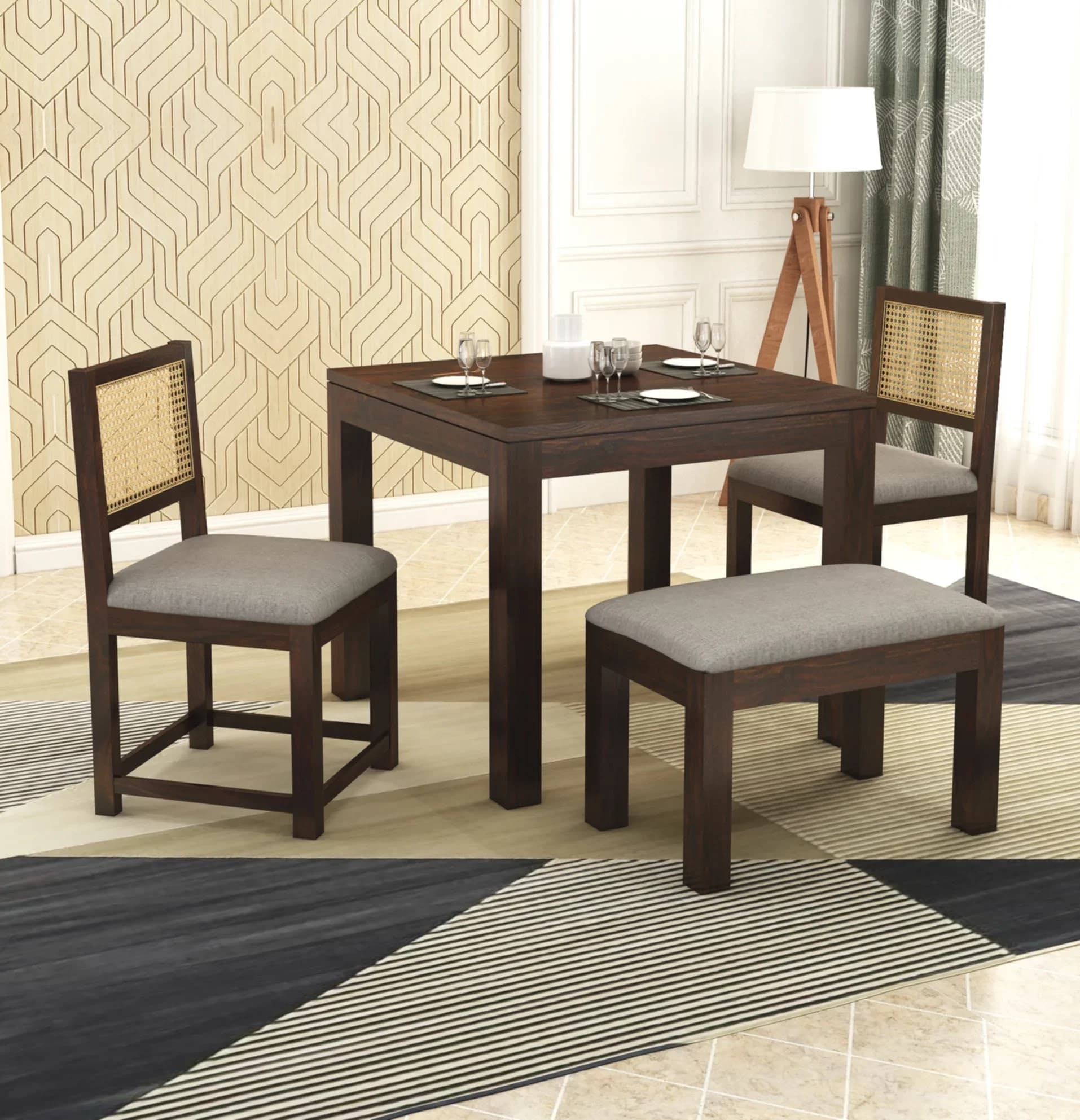 Solid Sheesham Wood Dining Table Set with 2 Cane Back Chairs & Bench | Space-Saving Dining Set in Walnut Finish