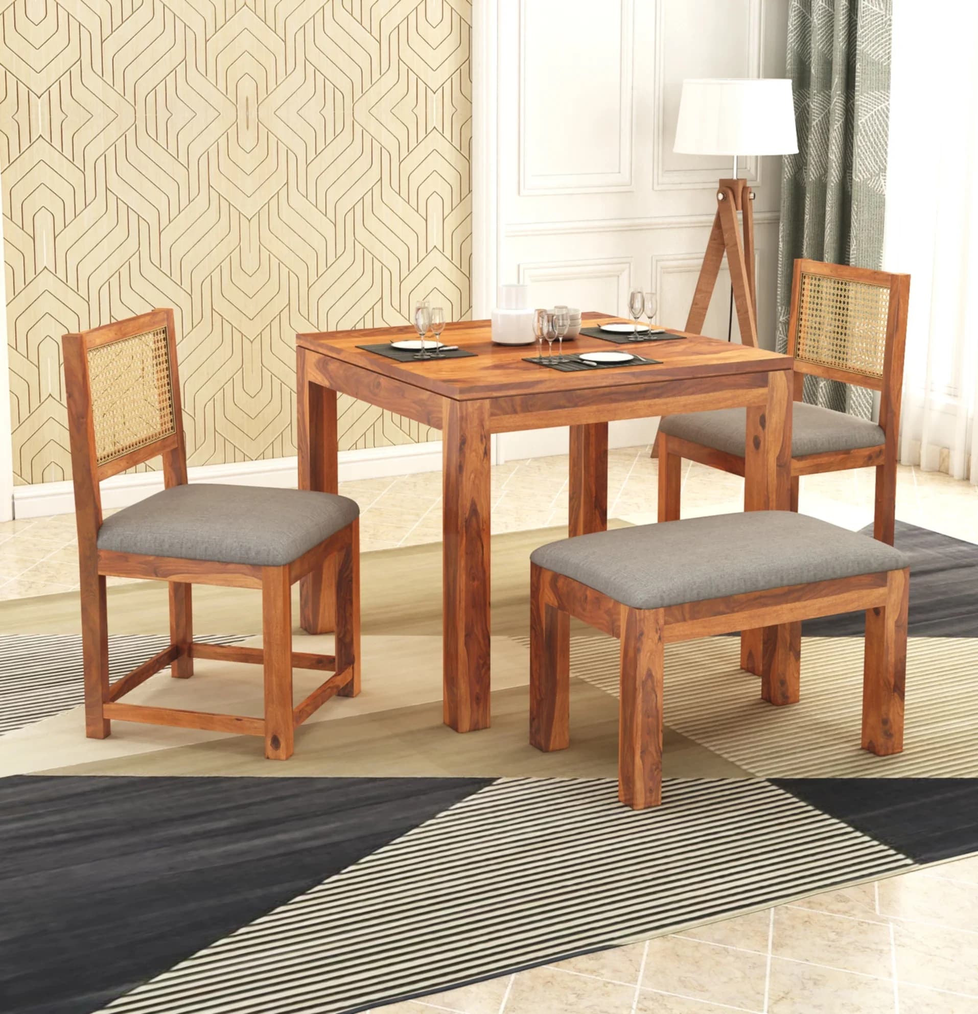 Solid Sheesham Wood Dining Table Set with 2 Cane Back Chairs & Bench | Space-Saving Dining Set in Honey Finish