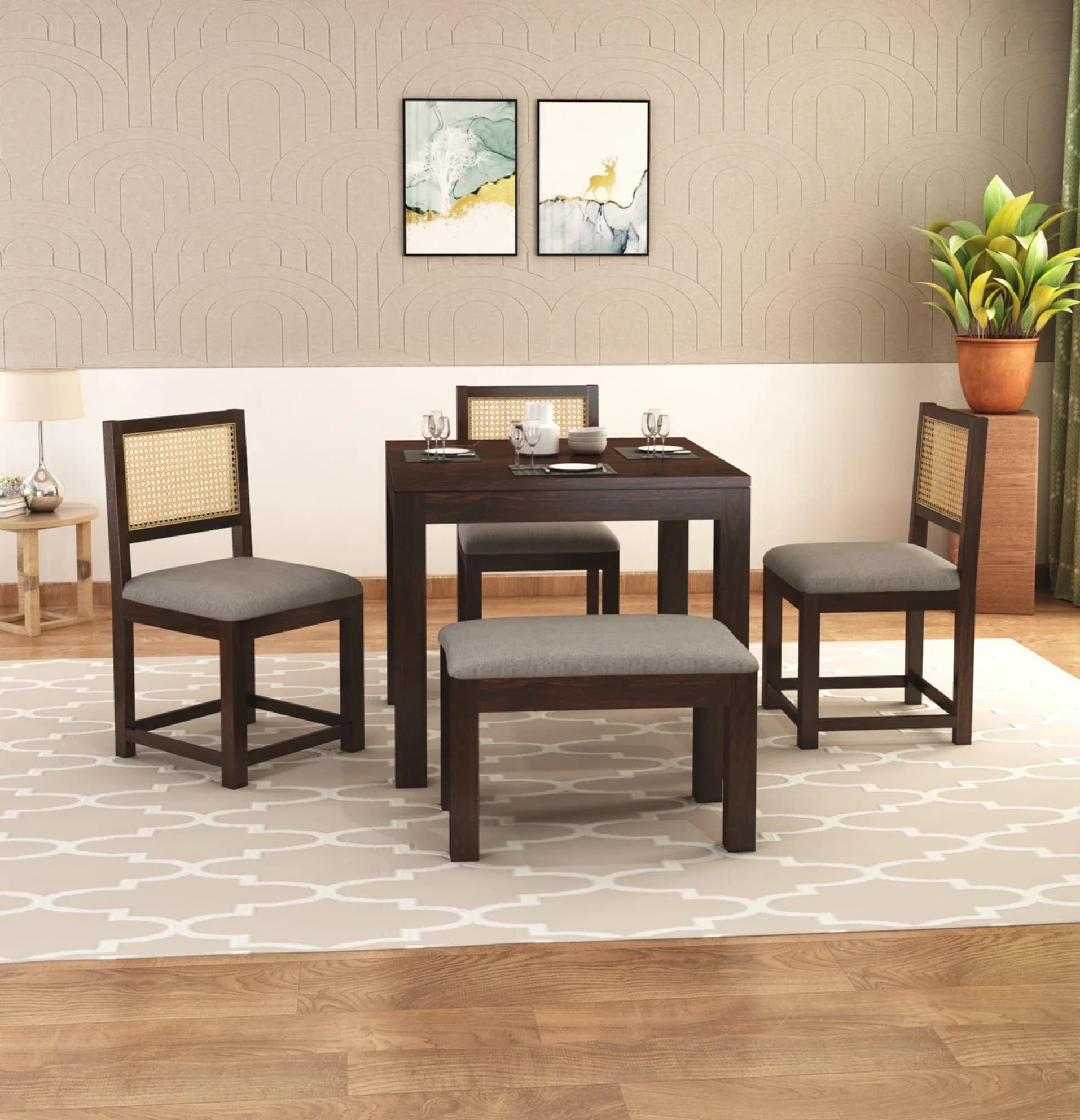 Solid Sheesham Wood Dining Table Set with 3 Cane Back Chairs & Bench | Spacious Dining Set in Walnut Finish