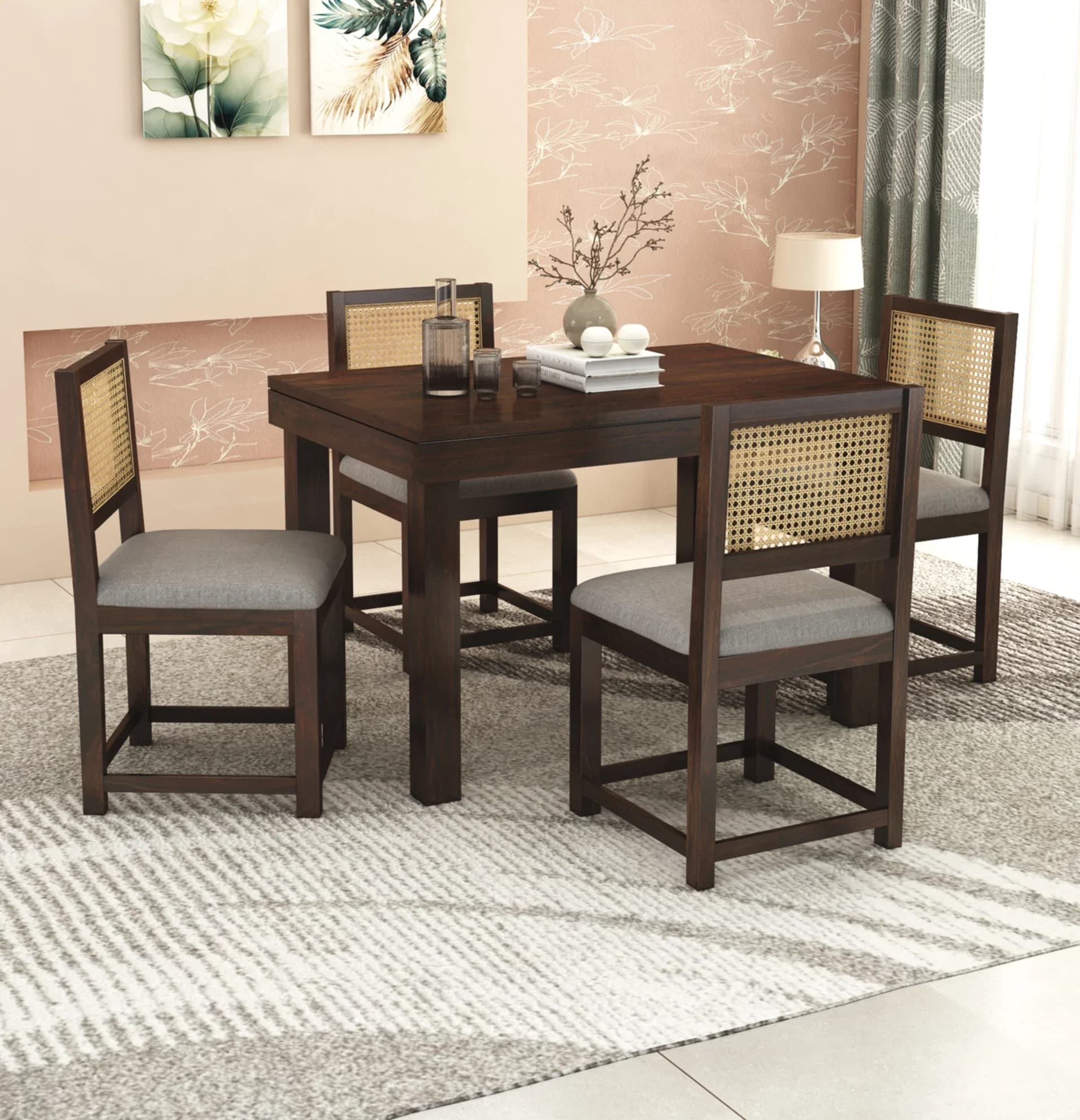 Solid Sheesham Wood 4-Seater Dining Table Set with Cane Back Chairs | Modern Dining Set in Walnut Finish