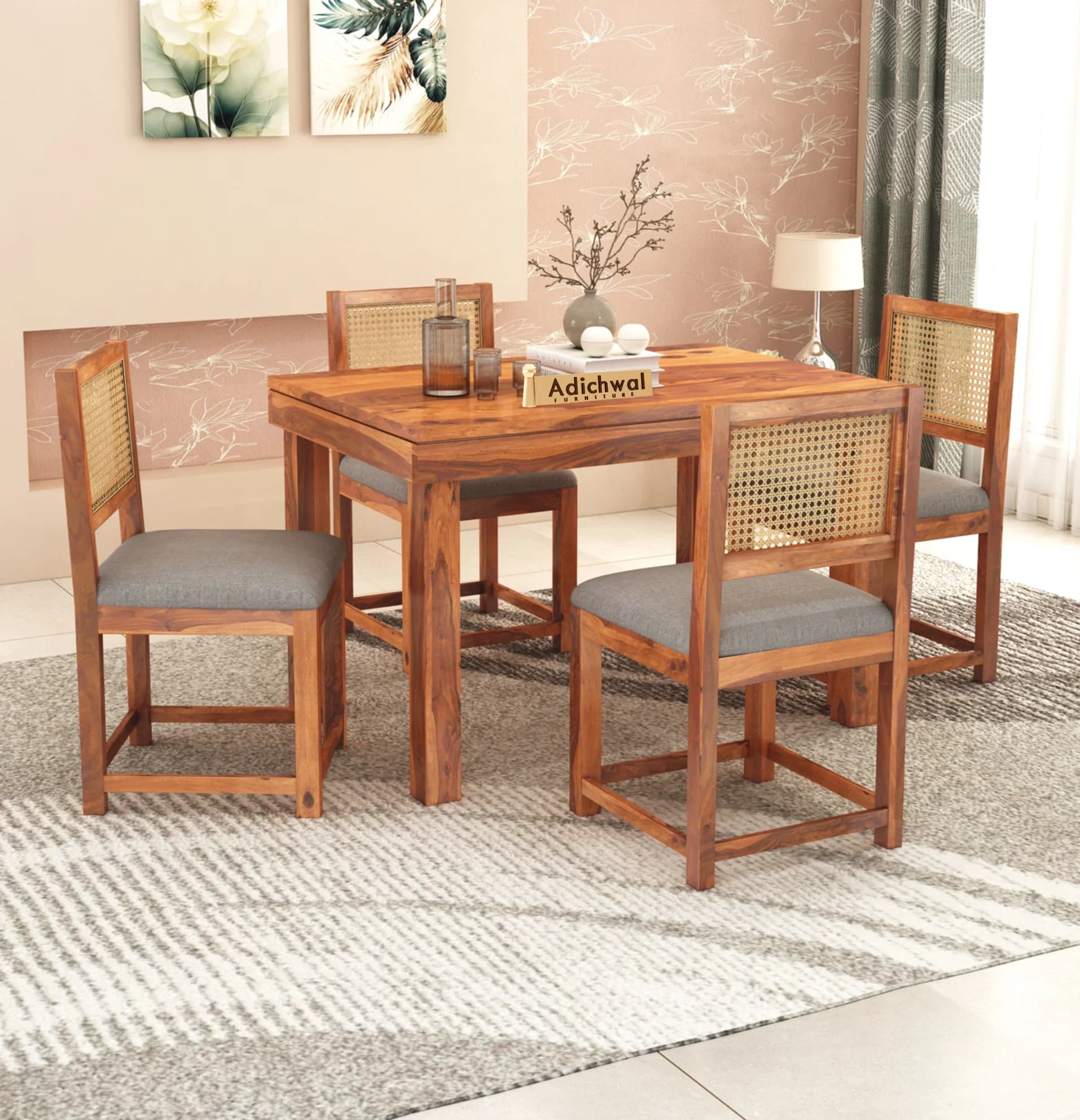 Solid Sheesham Wood 4-Seater Dining Table Set with Cane Back Chairs | Modern Dining Set in Honey Finish
