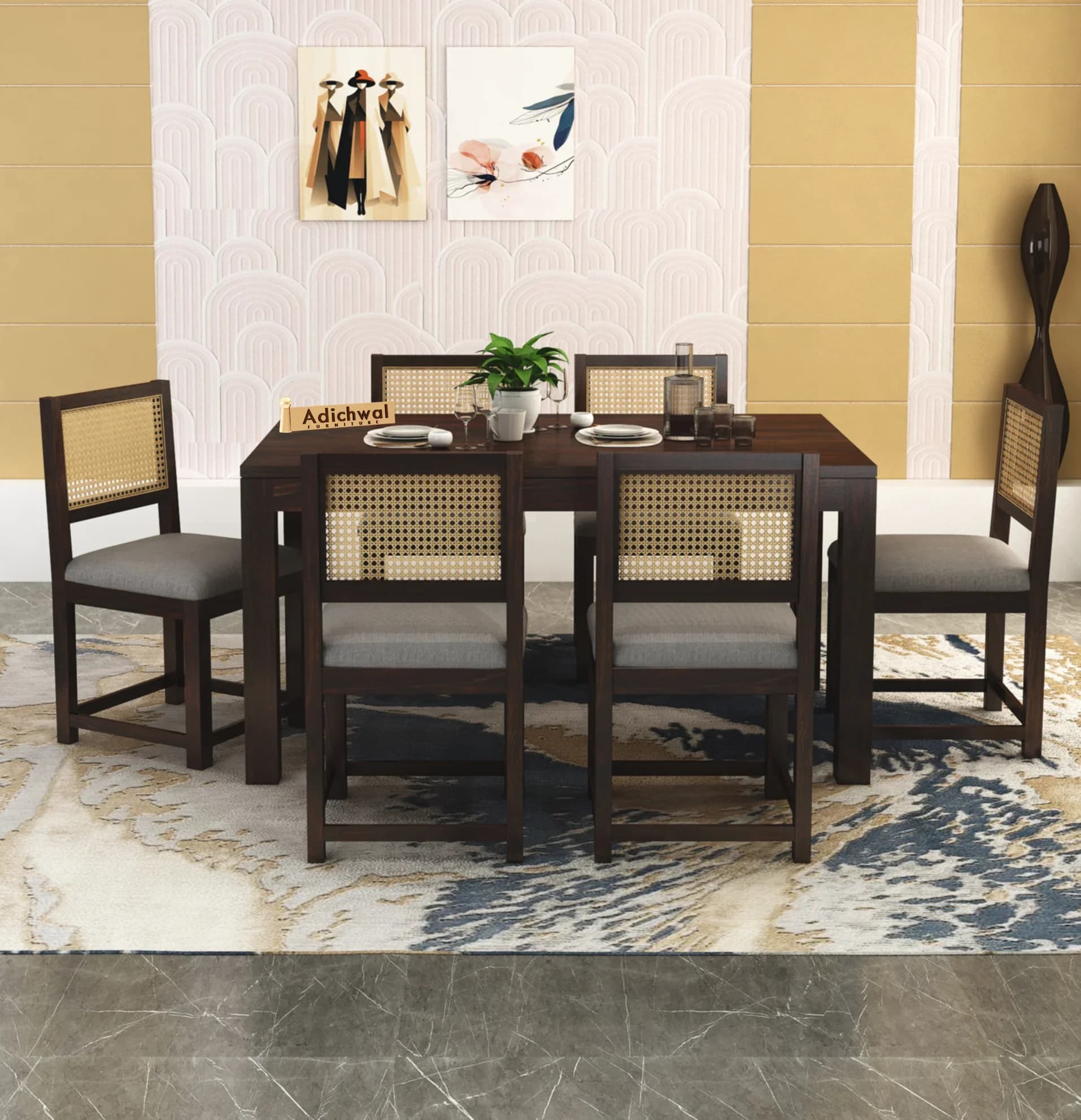 Solid Sheesham Wood 6-Seater Dining Table Set with Cane Back Chairs | Family Dining Set in Walnut Finish