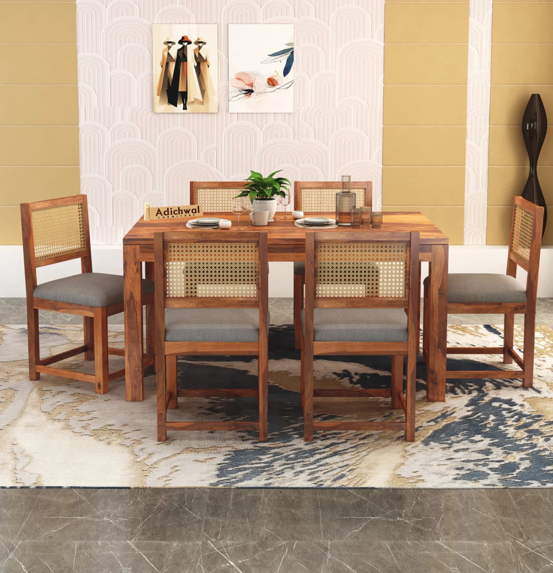 Solid Sheesham Wood 6-Seater Dining Table Set with Cane Back Chairs | Family Dining Set in Honey Finish
