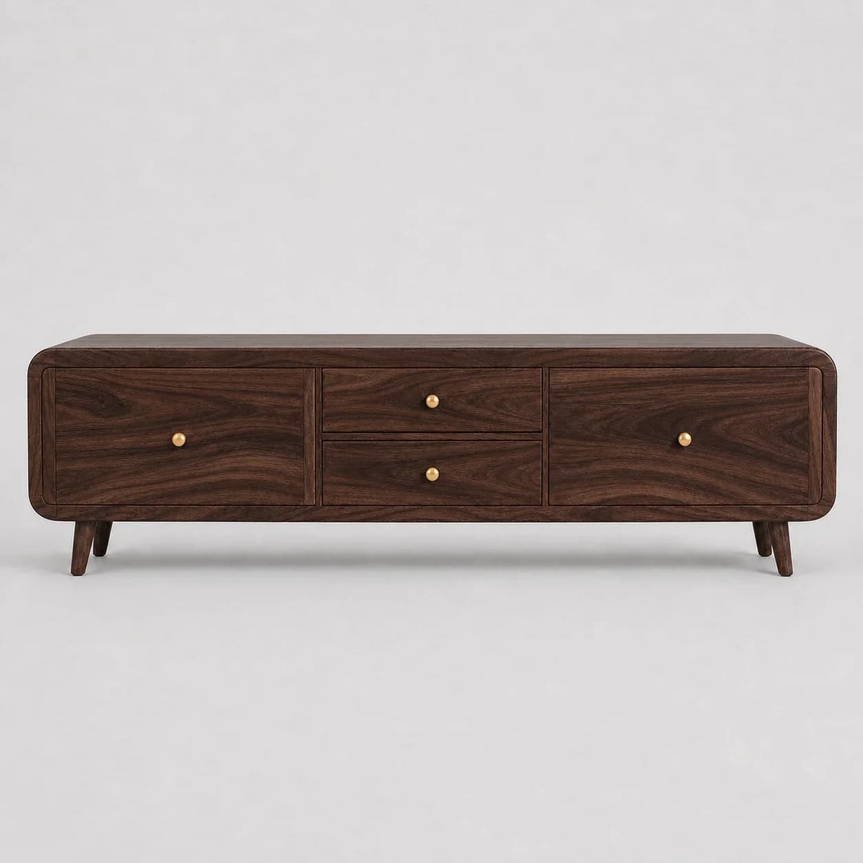 65-inch Solid Sheesham Wood TV Cabinet with 4 Storage Drawers | Modern Entertainment Unit Console with Smooth Rounded Corners & Walnut Finish