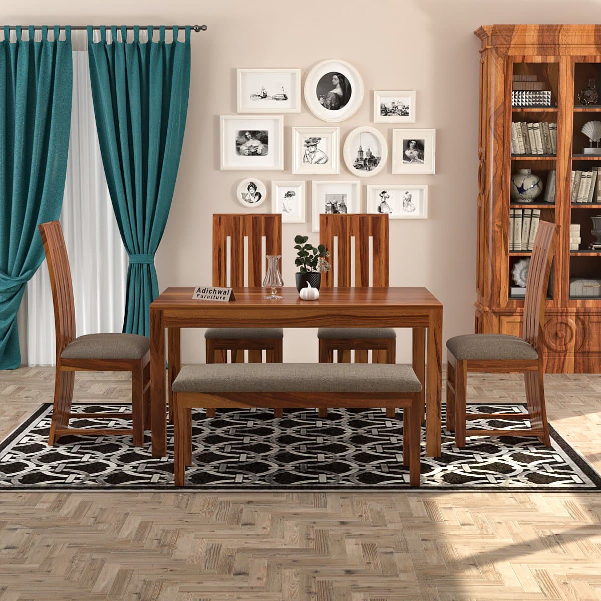 Sheesham Wood 4 Chair with 1 Bench Dining Table Set with Cushioned Chairs for Dining Room | Living Room | Home & Office | (6 Seater with Bench, Honey B)