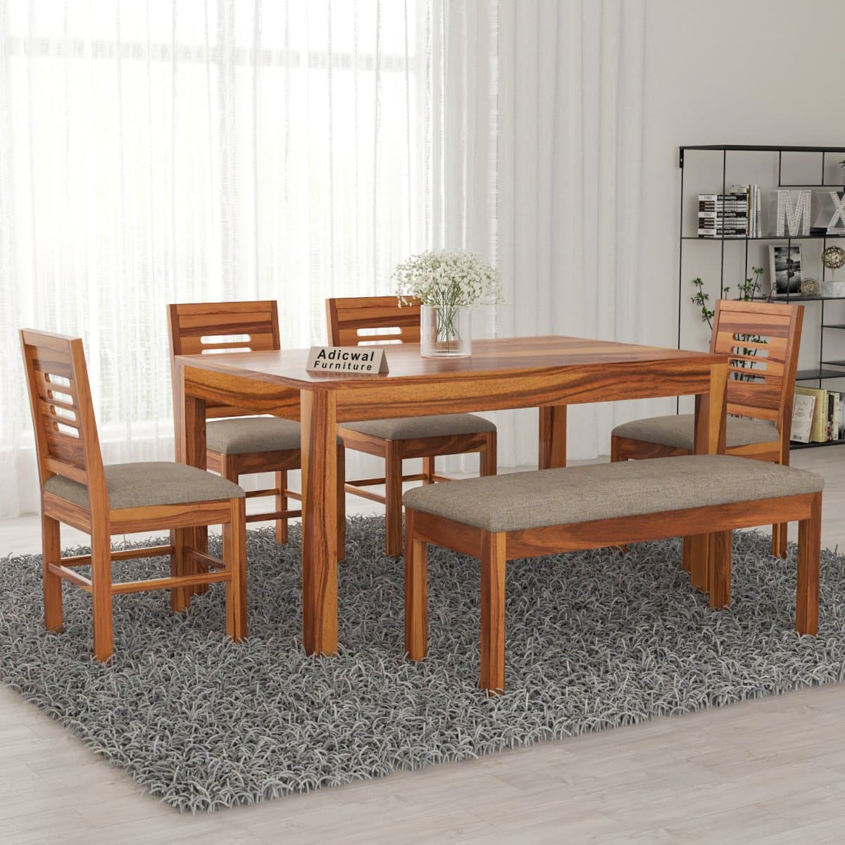 Solid Sheesham Wood 4 Chair with 1 Bench Dining Table Set with Cushioned Chairs for Dining Room | Living Room | Hotels Restaurant (6 Seater with Bench, Honey)