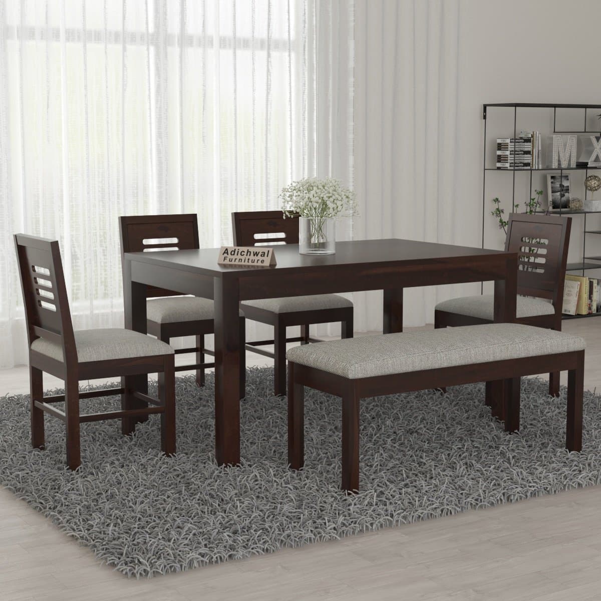 Sheesham Wood 4 Chair with 1 Bench Dining Table Set with Cushioned Chairs for Dining Room | Living Room | Home & Office | Hotels Restaurant (6 Seater with Bench, Walnut)
