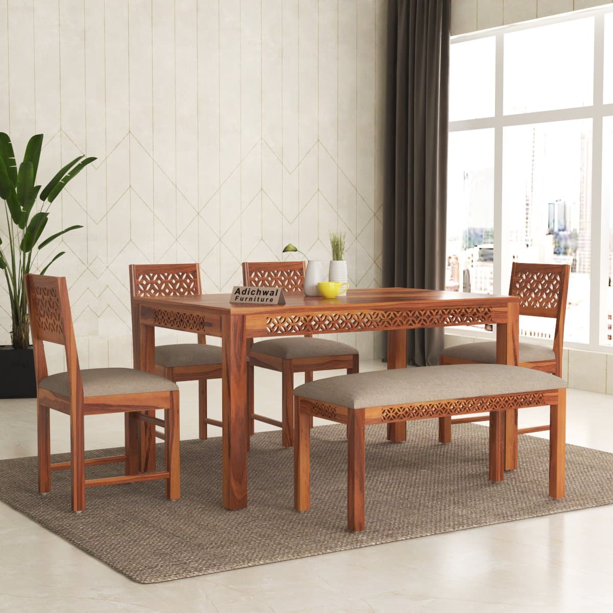 Sheesham Wood 4 Chair with 1 Bench Dining Table Set with Cushioned Chairs for Dining Room | Living Room | Home & Office | (6 Seater with Bench, Honey A)