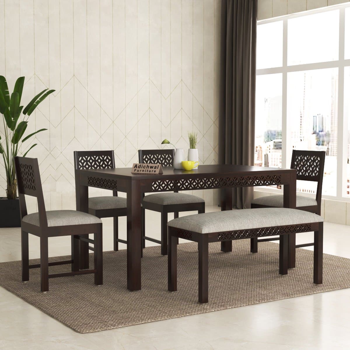 Sheesham Wood 4 Chair with 1 Bench Dining Table Set with Cushioned Chairs for Dining Room | Living Room | Home & Office | t (6 Seater with Bench, Walnut A)