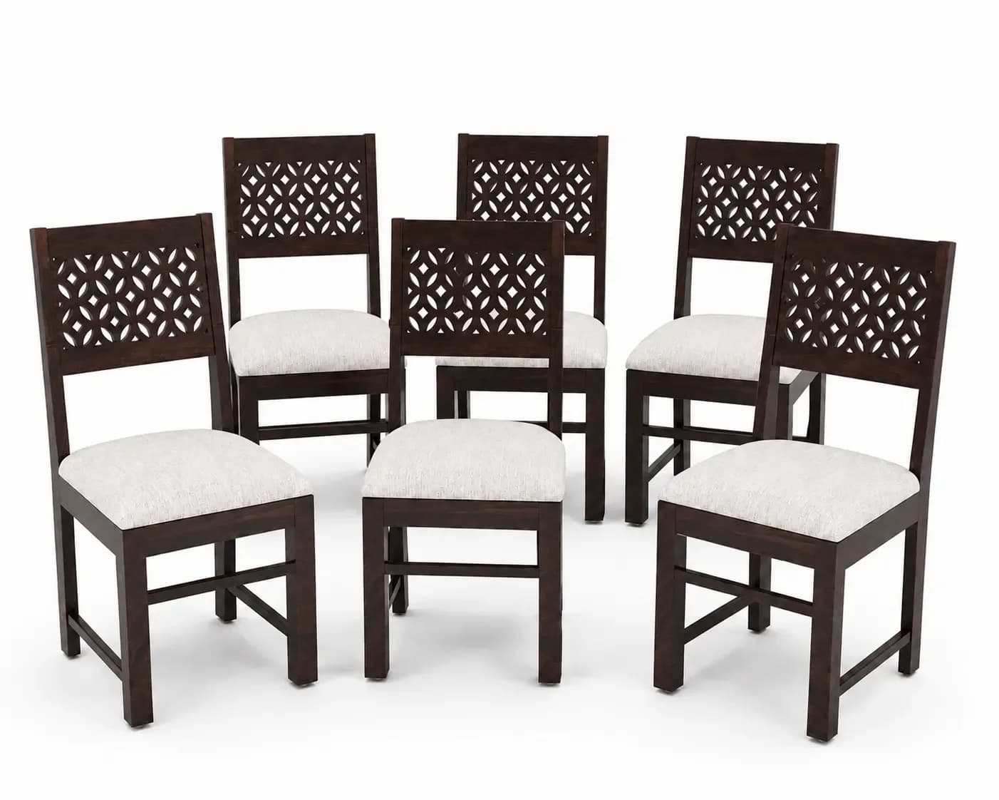 Solid Sheesham Wood Geometric Cutwork Back Dining Chair – Set of 6, Walnut