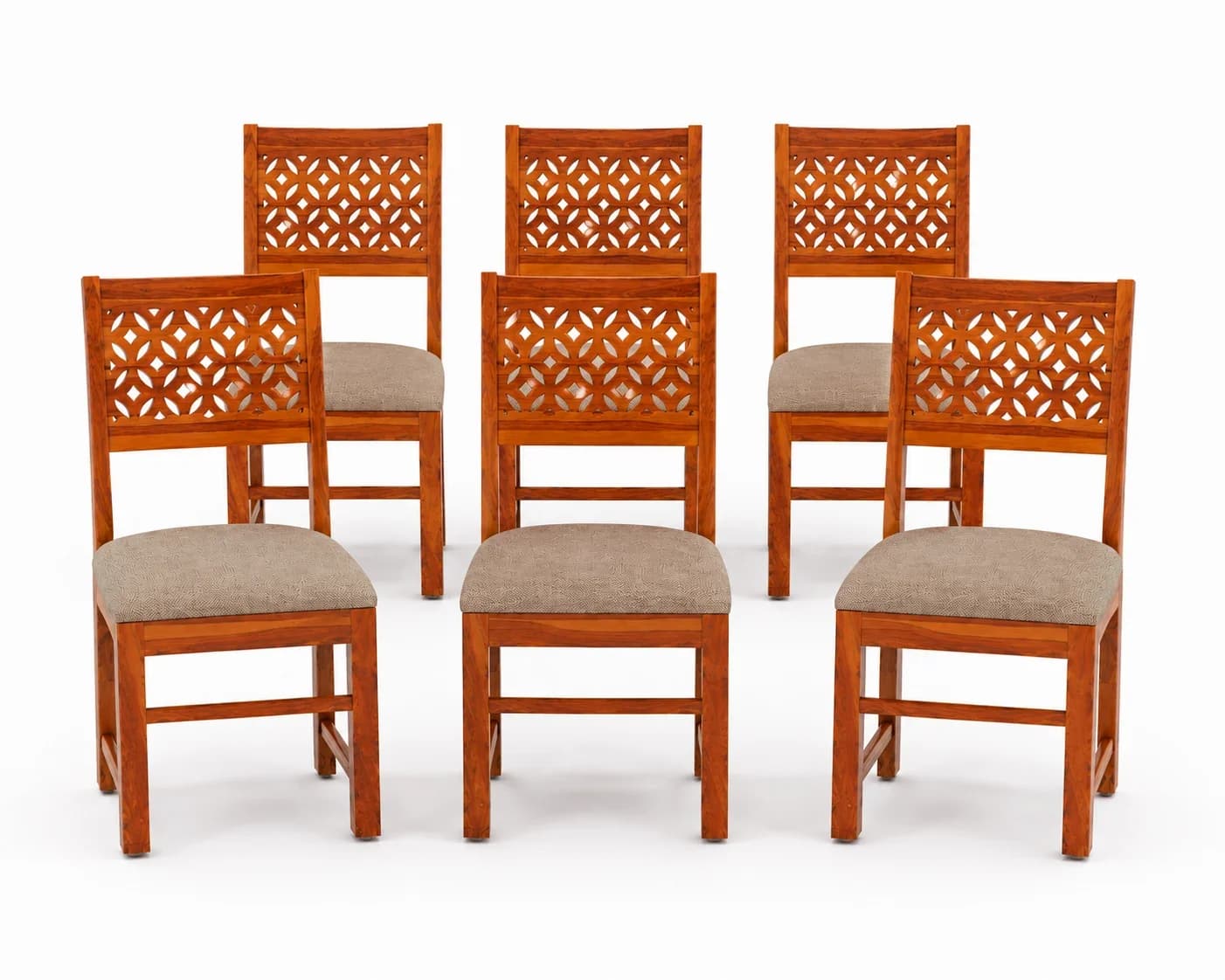 Solid Sheesham Wood Geometric Cutwork Back Dining Chair – Set of 6, Honey