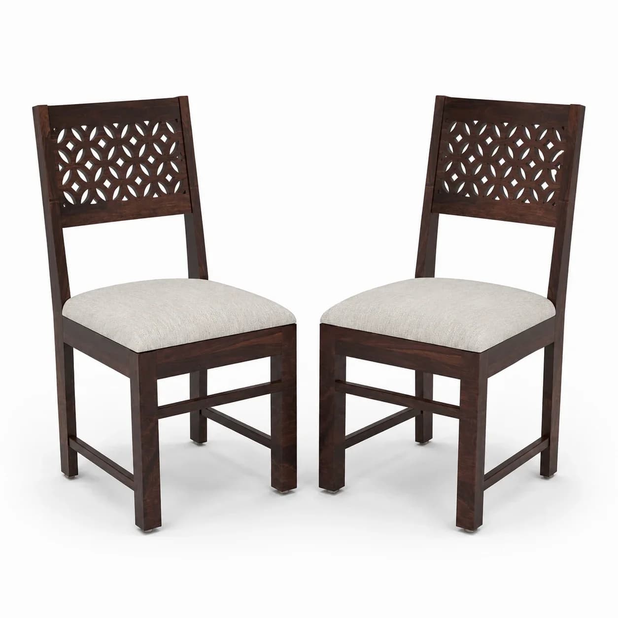 Solid Sheesham Wood Geometric Cutwork Back Dining Chair – Set of 2, Walnut