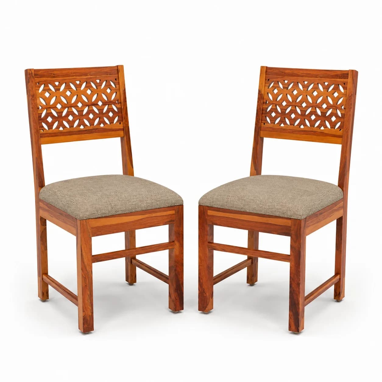 Solid Sheesham Wood Geometric Cutwork Back Dining Chair – Set of 2, Honey
