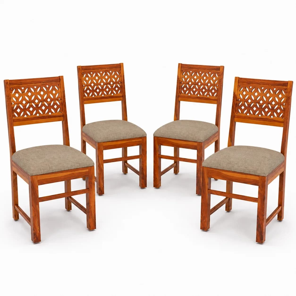 Solid Sheesham Wood Geometric Cutwork Back Dining Chair – Set of 4, Honey