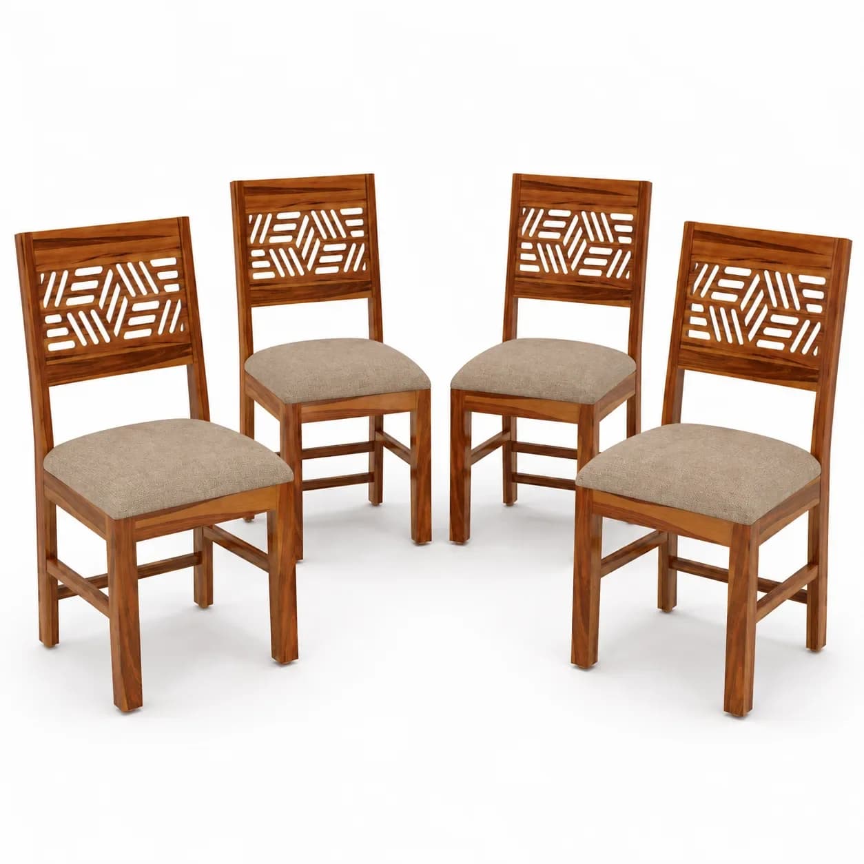 Solid Sheesham Wood Floral Jali Back Dining Chair – Set of 4, Honey