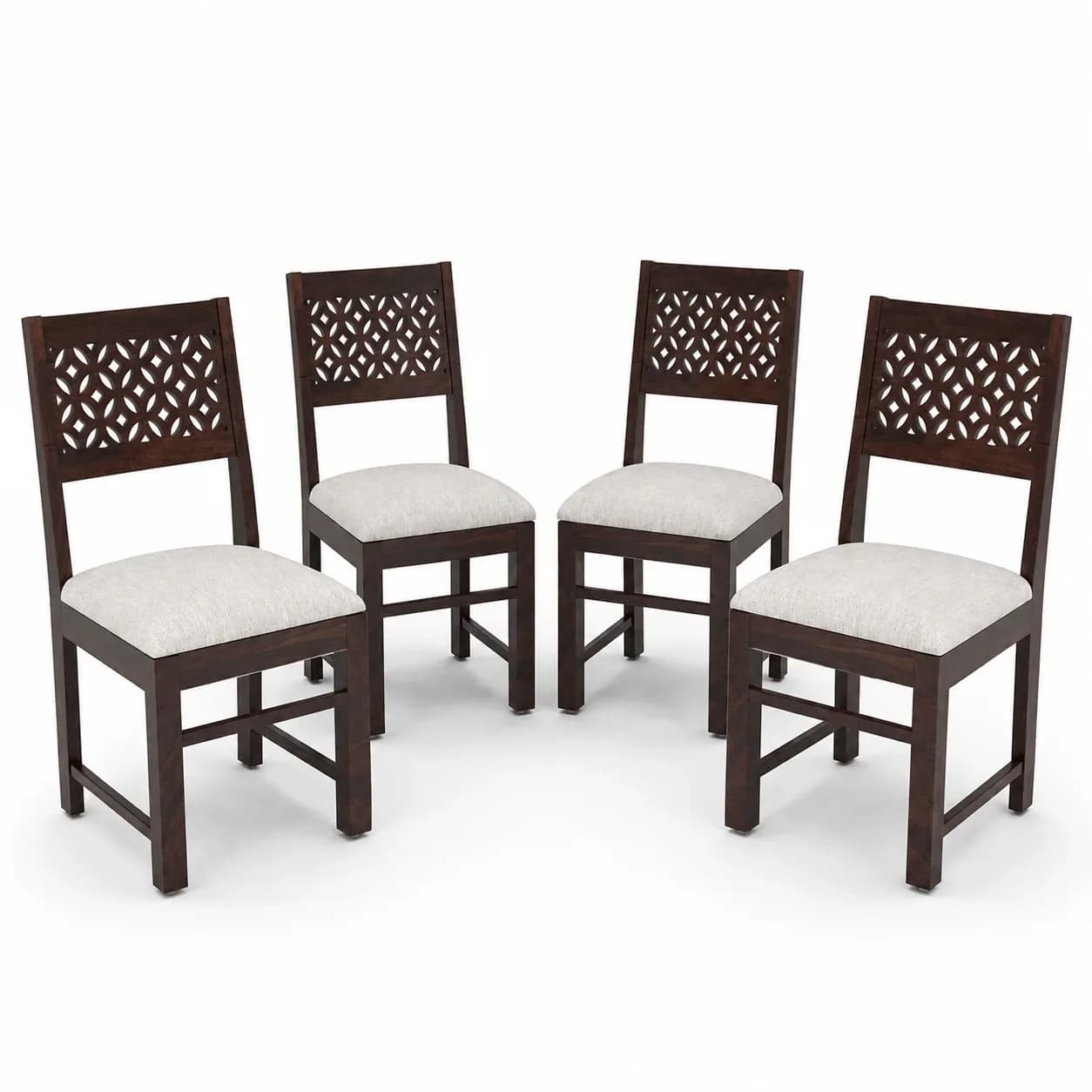 Solid Sheesham Wood Geometric Cutwork Back Dining Chair – Set of 4, Walnut