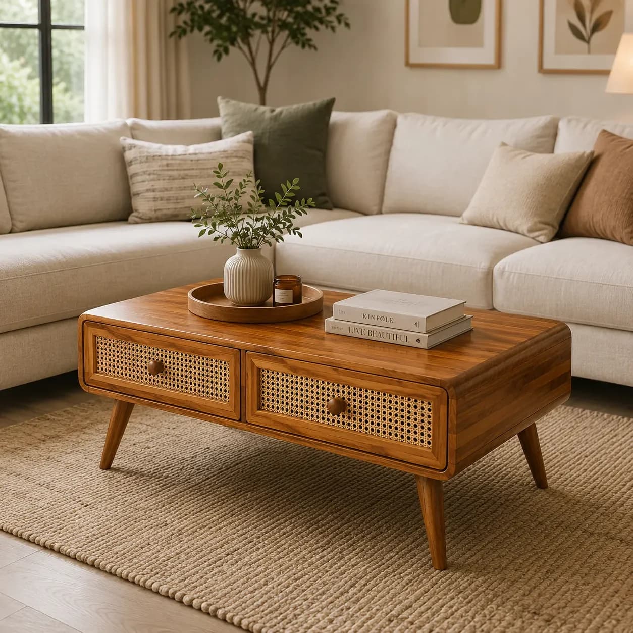 Sheesham Solid Wood 2 Drawer Coffee Table with Rattan Cane Meshwork in Honey Finish