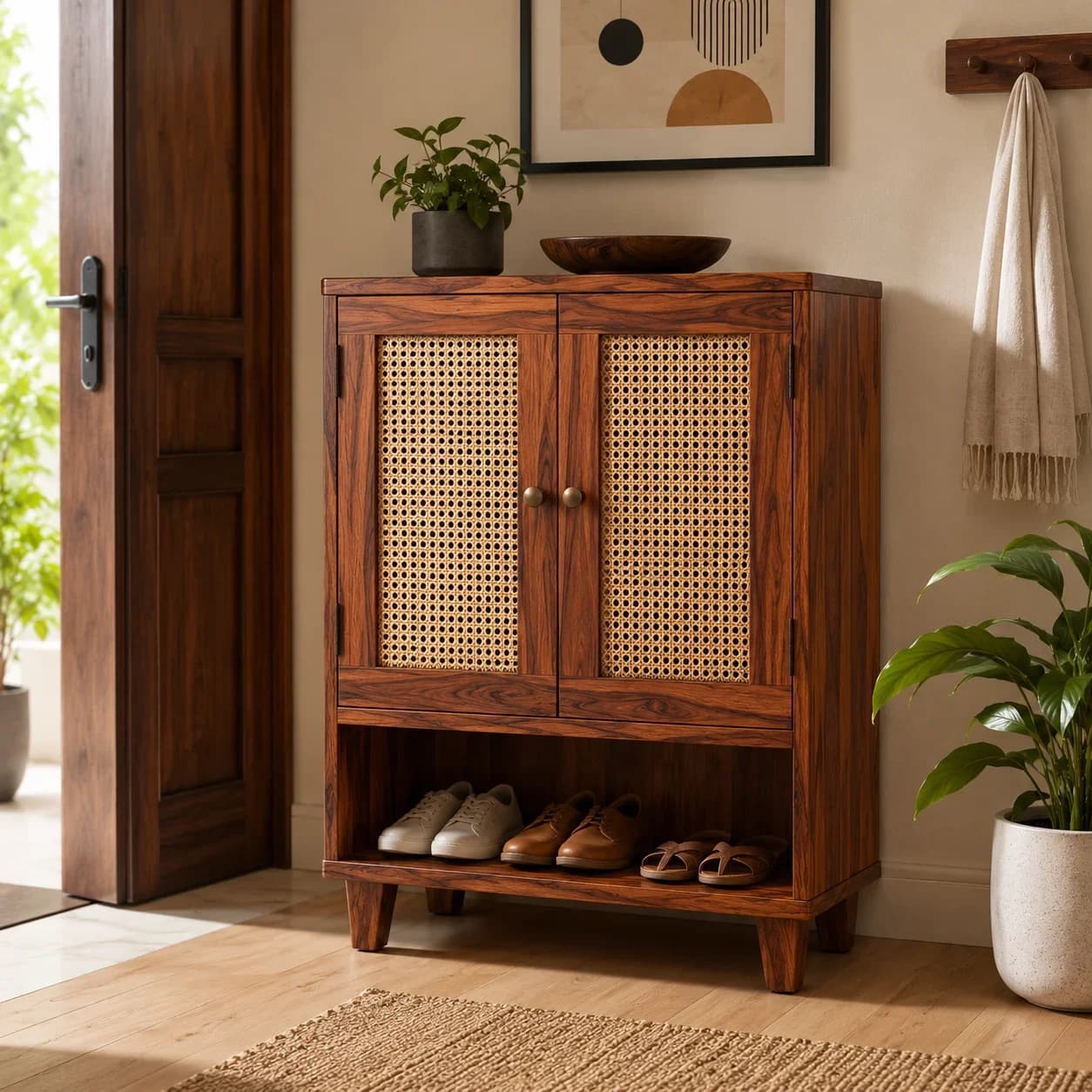 Solid Sheesham Wood 2 Door Rattan Cane Shoe Cabinet with Open Shelf (Honey Finish)