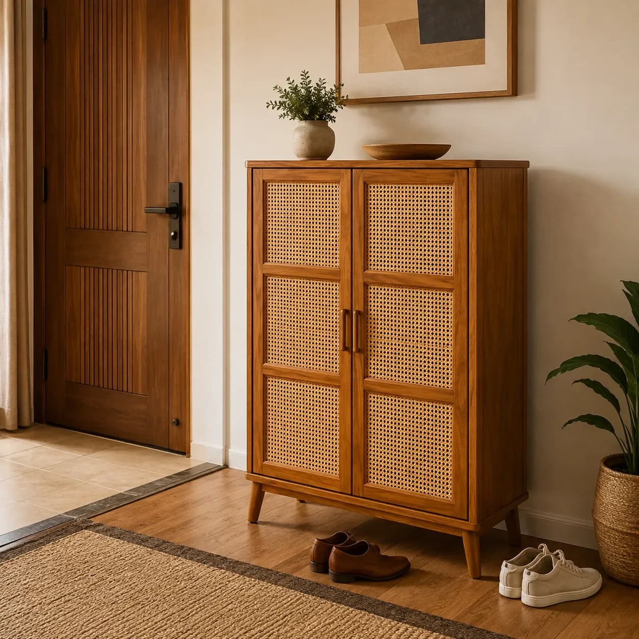 Solid Sheesham Wood 2 Door Rattan Cane Shoe Cabinet (Honey Finish)