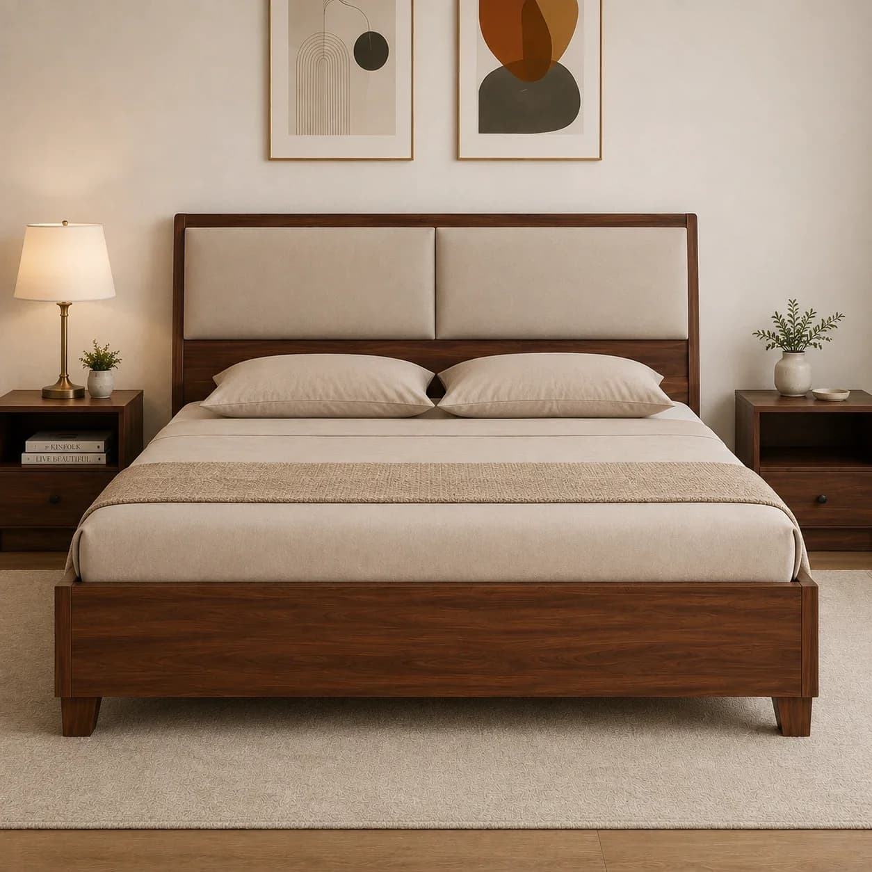 Solid Wood King Size Bed with Hydraulic Storage & Cushioned Headboard Storage