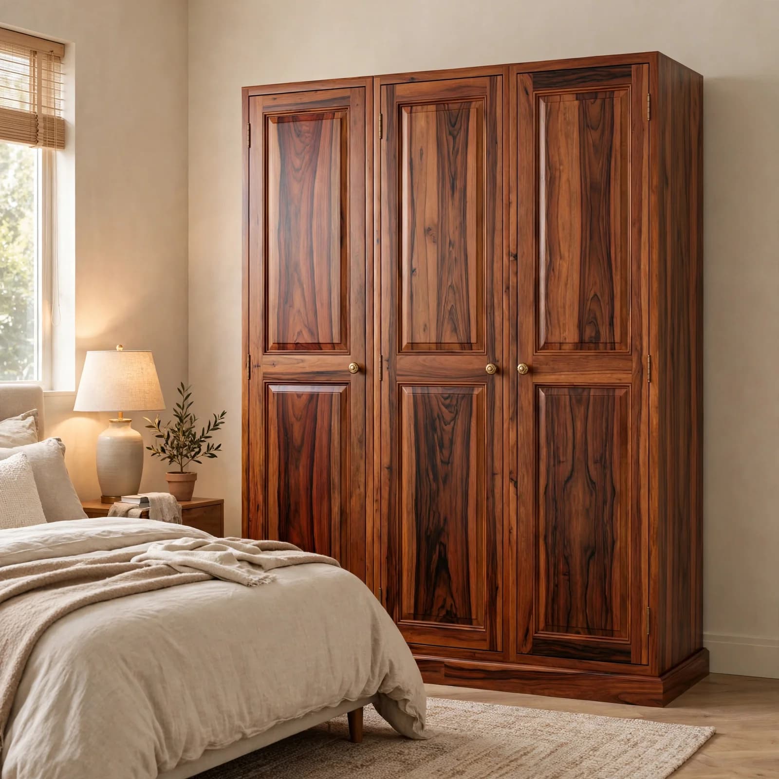 Sheesham Wood 3 Door Wardrobe - Honey Finish