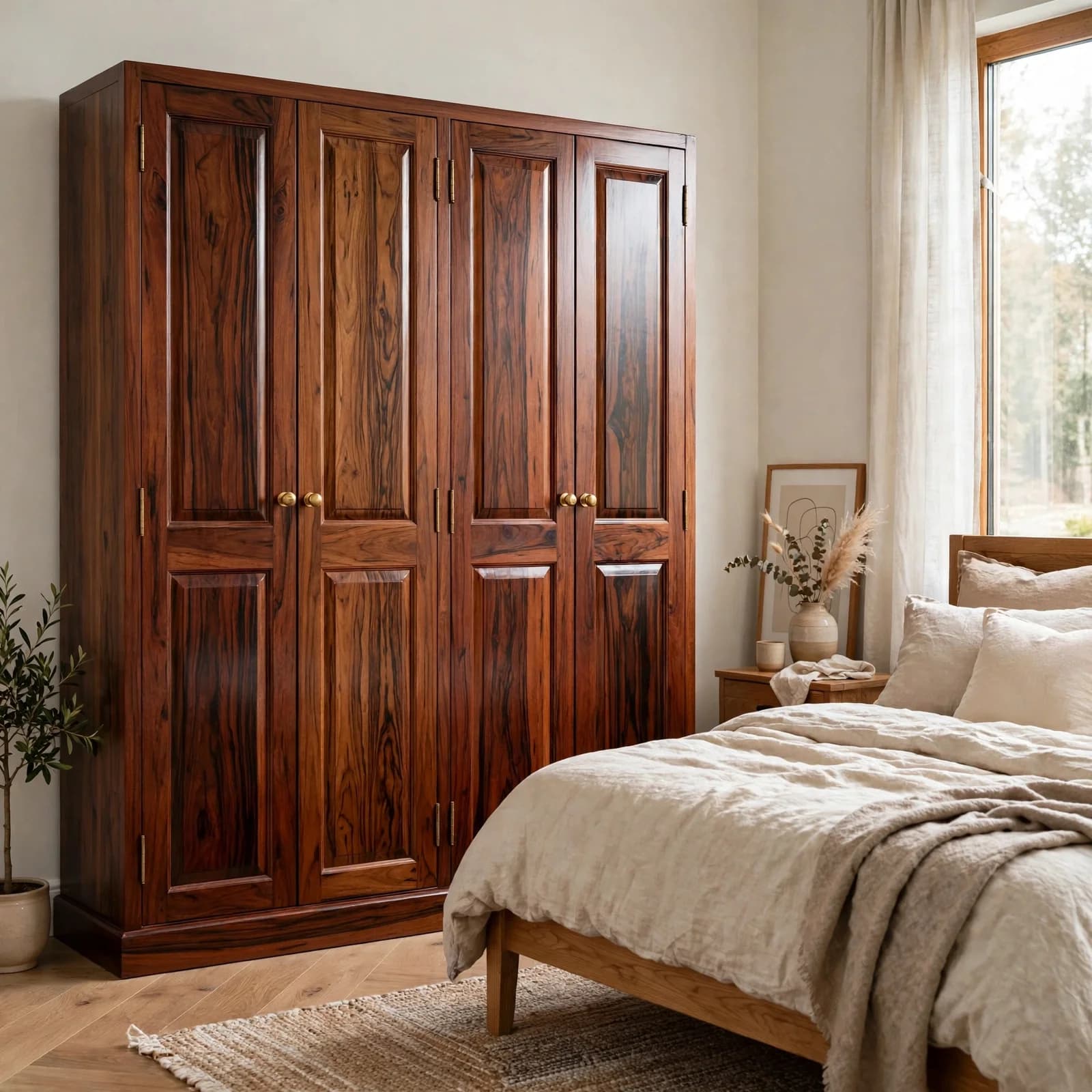Sheesham Wood 4 Door Wardrobe - Honey Finish