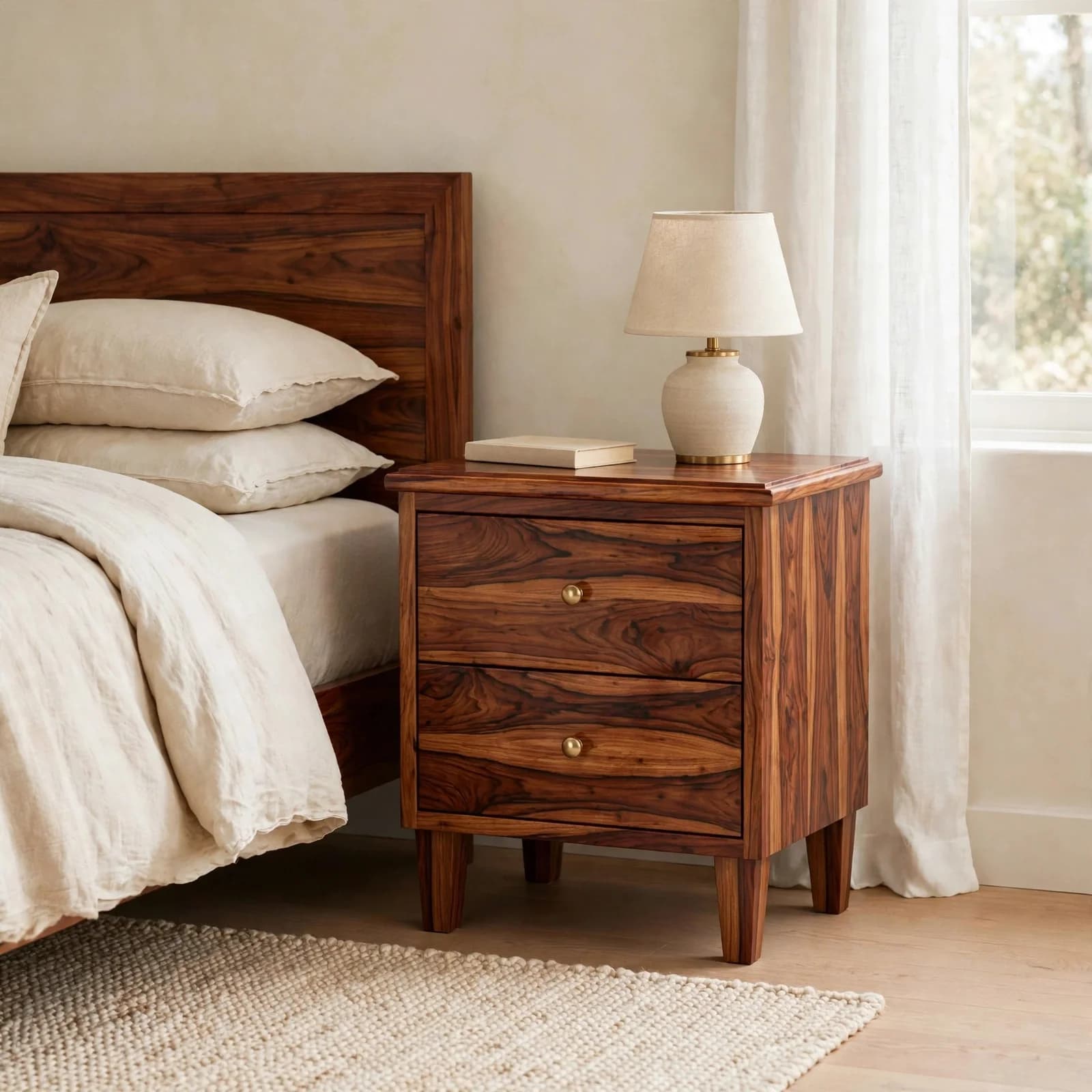 Sheesham Wood Bedside Table 2 Drawer - Honey Finish
