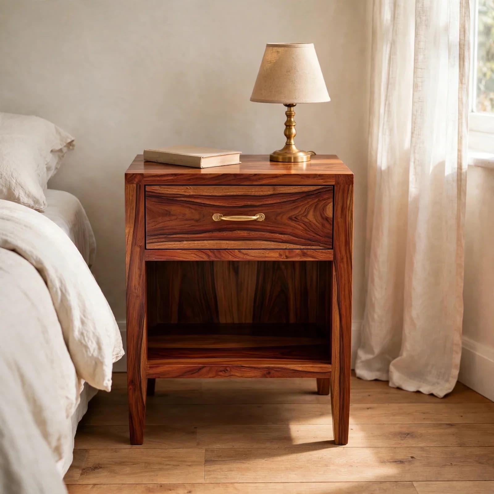 Sheesham Wood Bedside Table 1 Drawer - Honey Finish