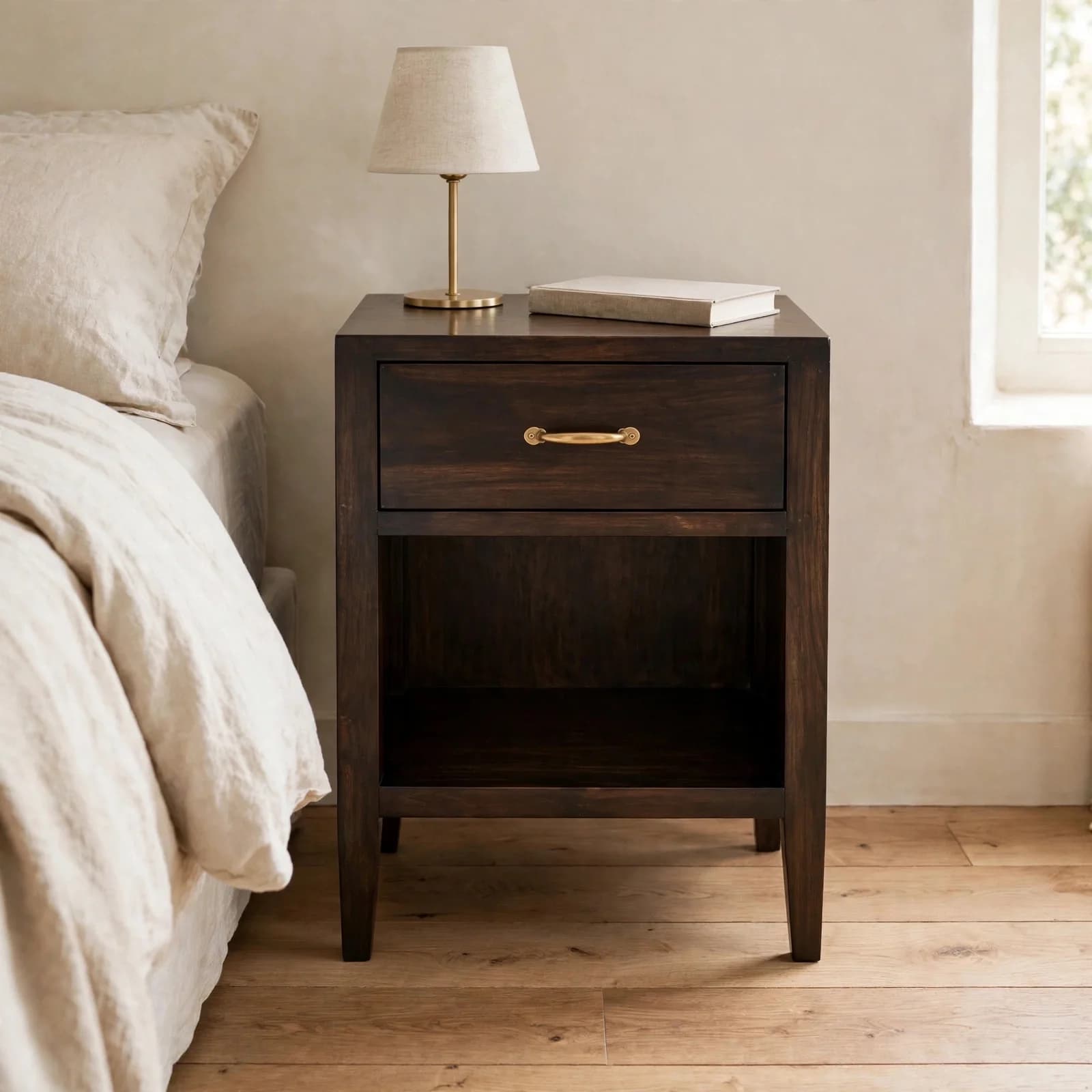 Sheesham Wood Bedside Table 1 Drawer - Walnut Finish