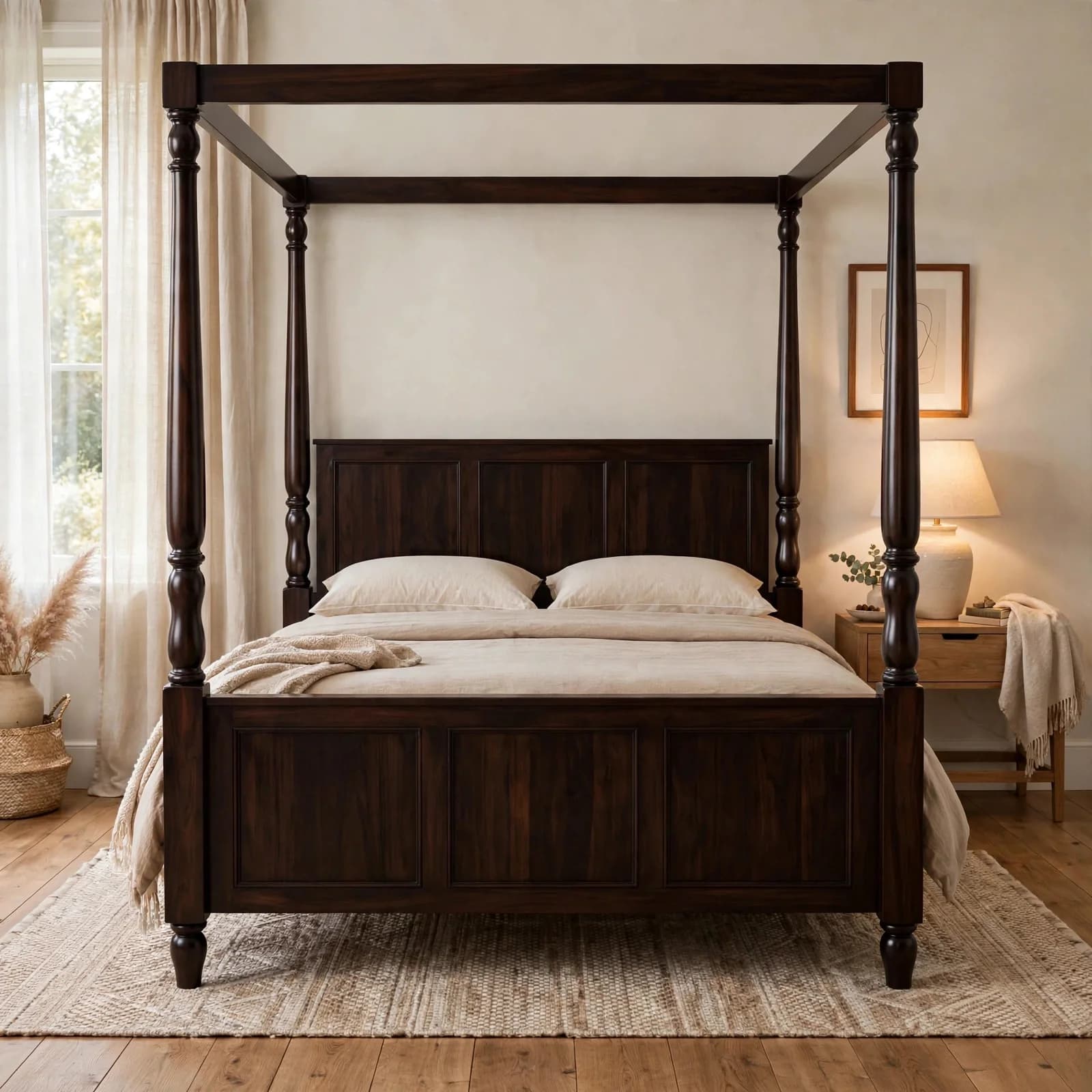 Sheesham Wood Canopy Bed - Walnut Finish