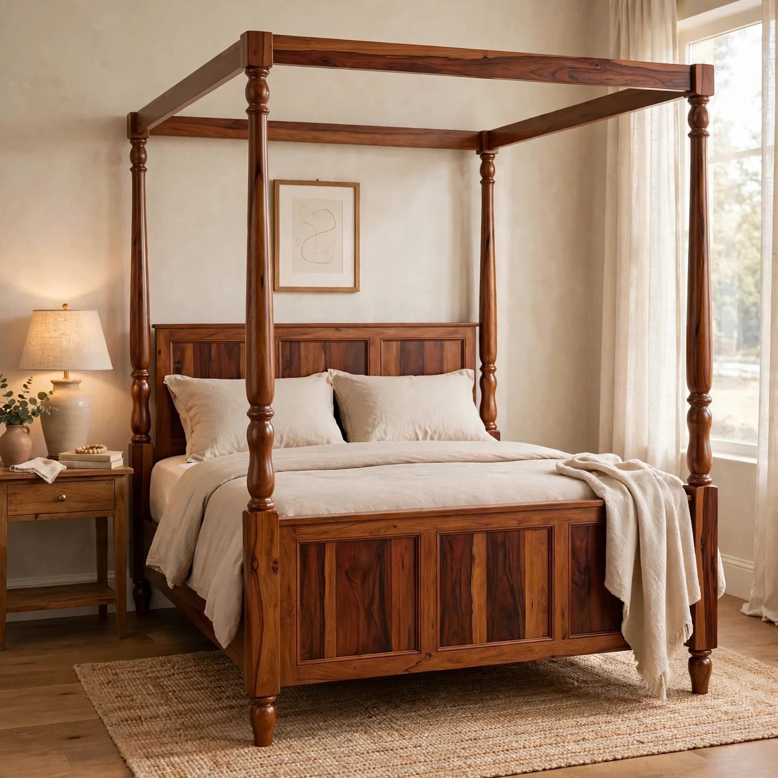 Sheesham Wood Canopy Bed - Honey Finish
