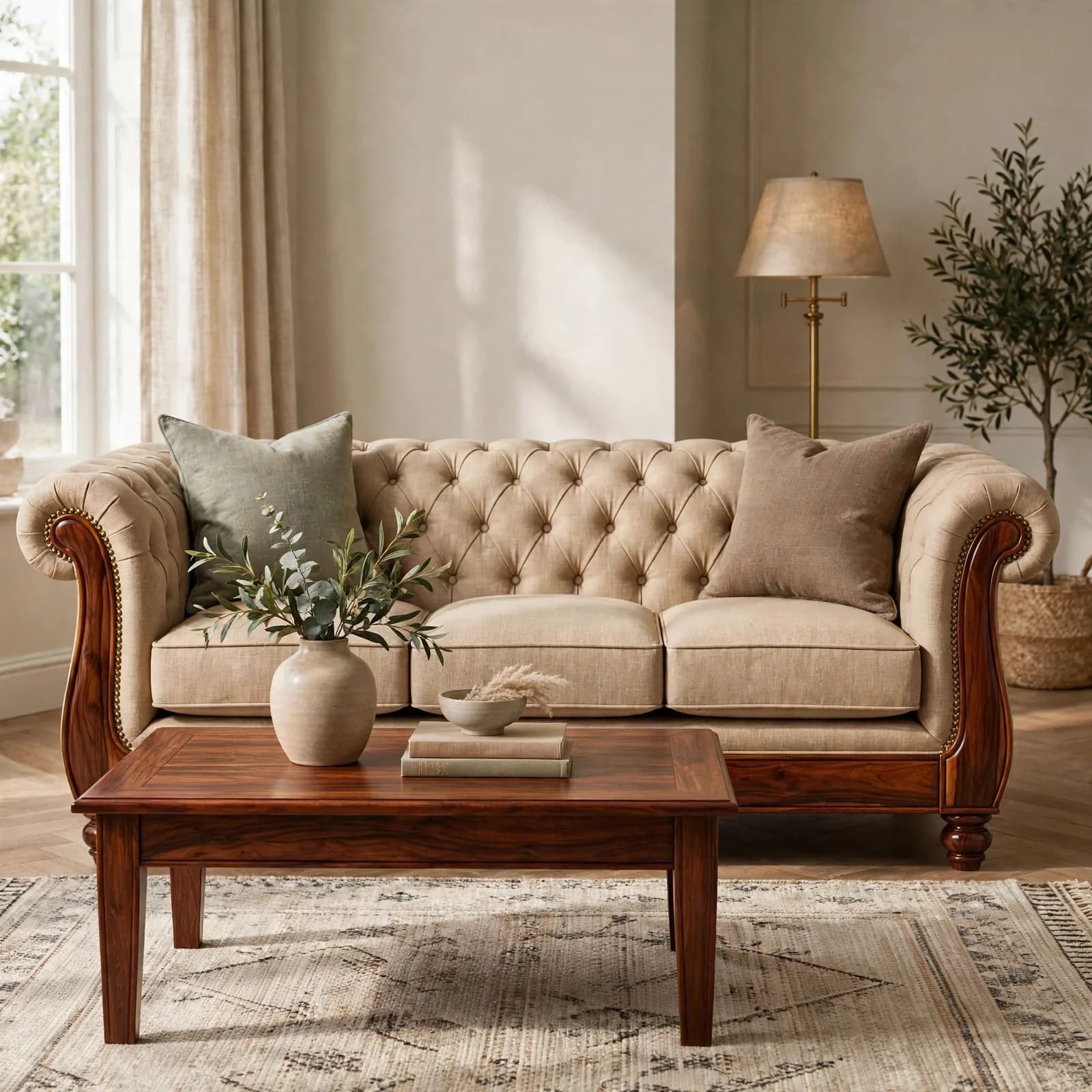 Sheesham Wood Chesterfield Sofa - Honey Finish