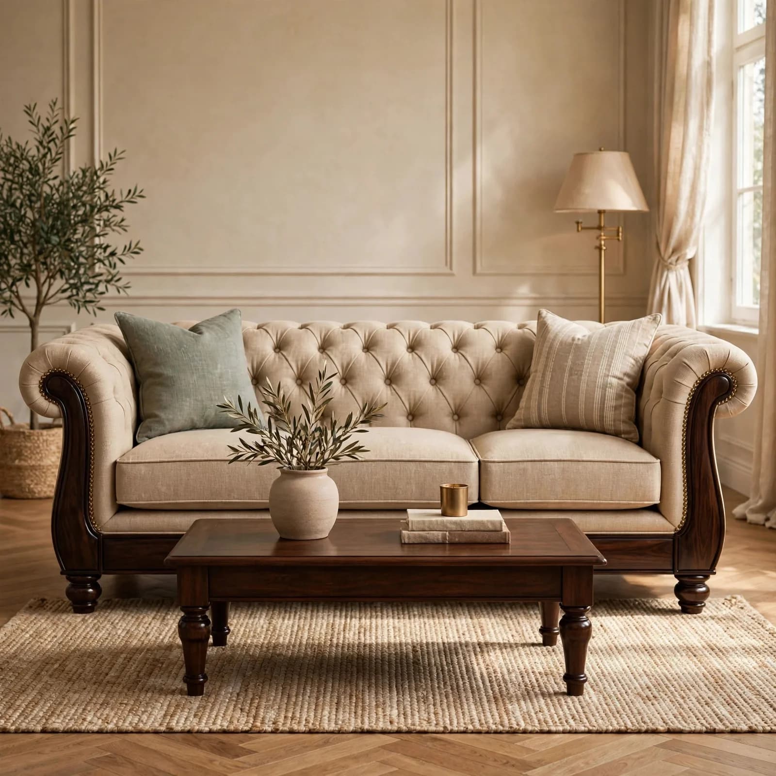 Sheesham Wood Chesterfield Sofa - Walnut Finish