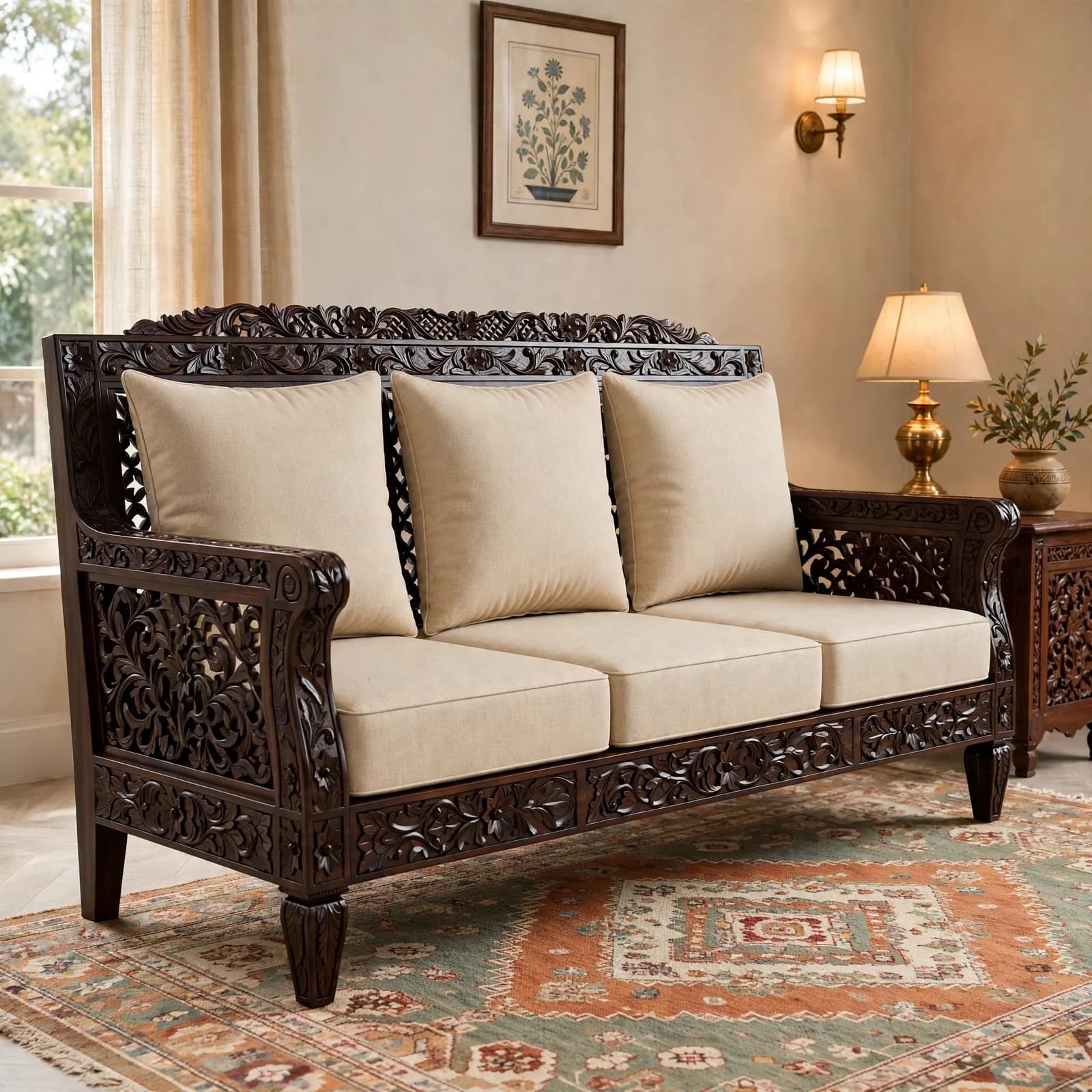 Sheesham Wood Carved Wooden Sofa Set - Walnut Finish