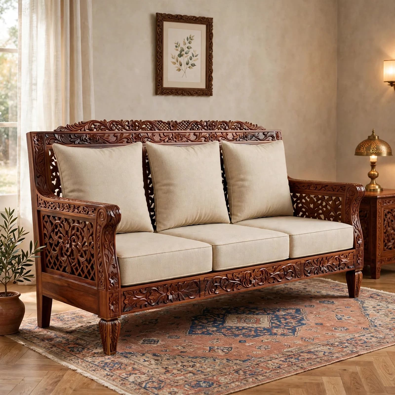 Sheesham Wood Carved Wooden Sofa Set - Honey Finish