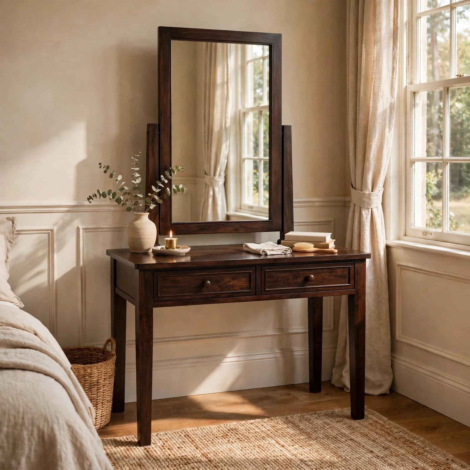 Sheesham Wood Dressing Table With Mirror - Walnut Finish