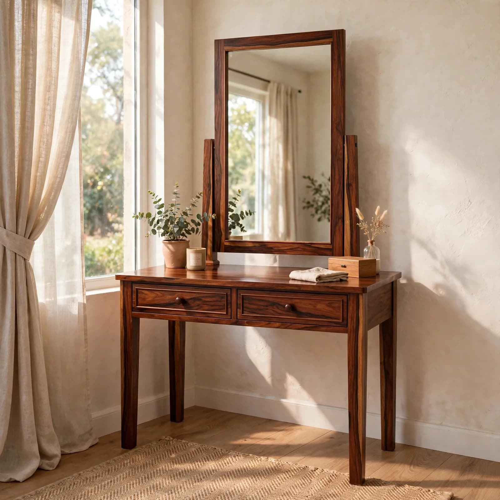 Sheesham Wood Dressing Table With Mirror - Honey Finish