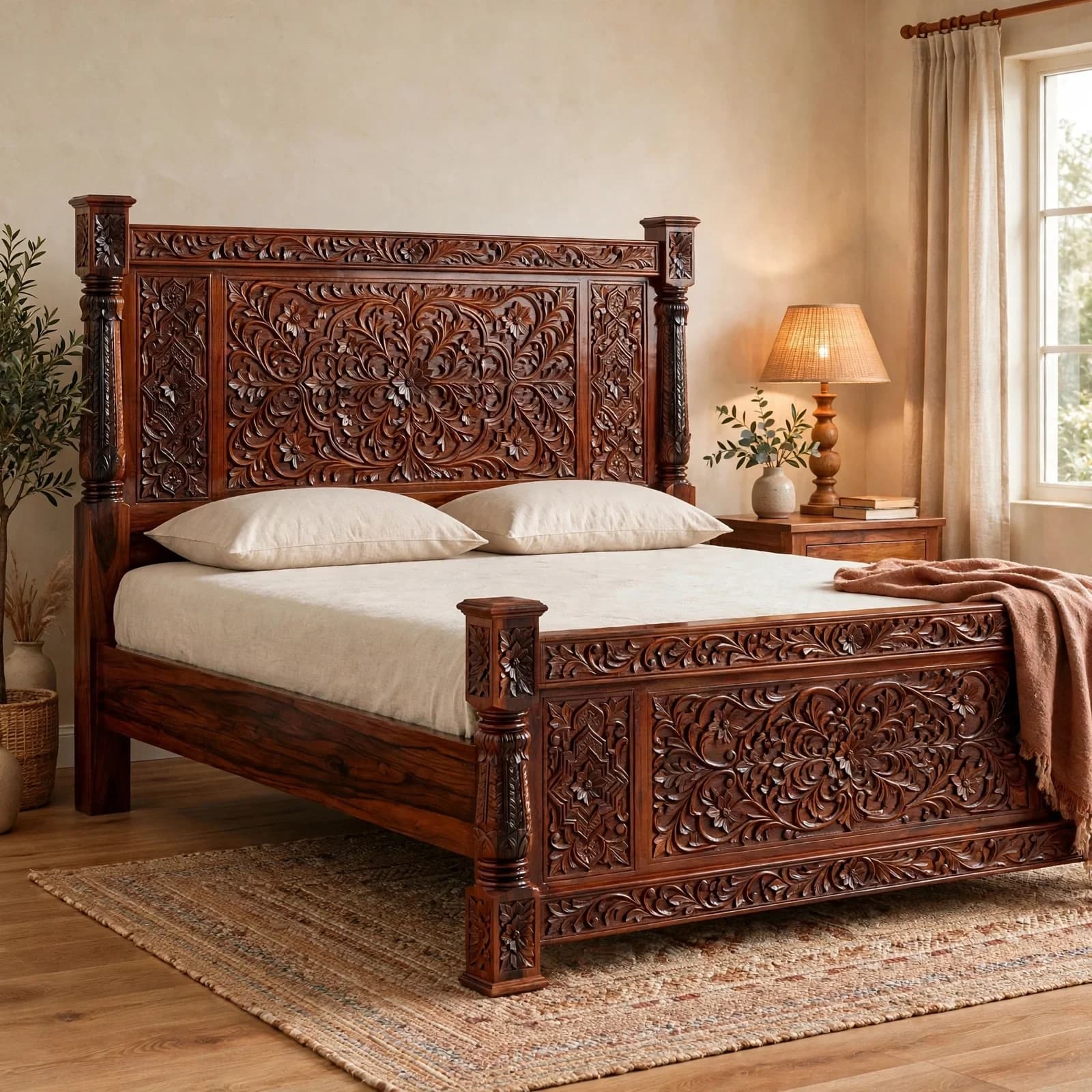 Sheesham Wood Hand Carved Bed - Honey Finish