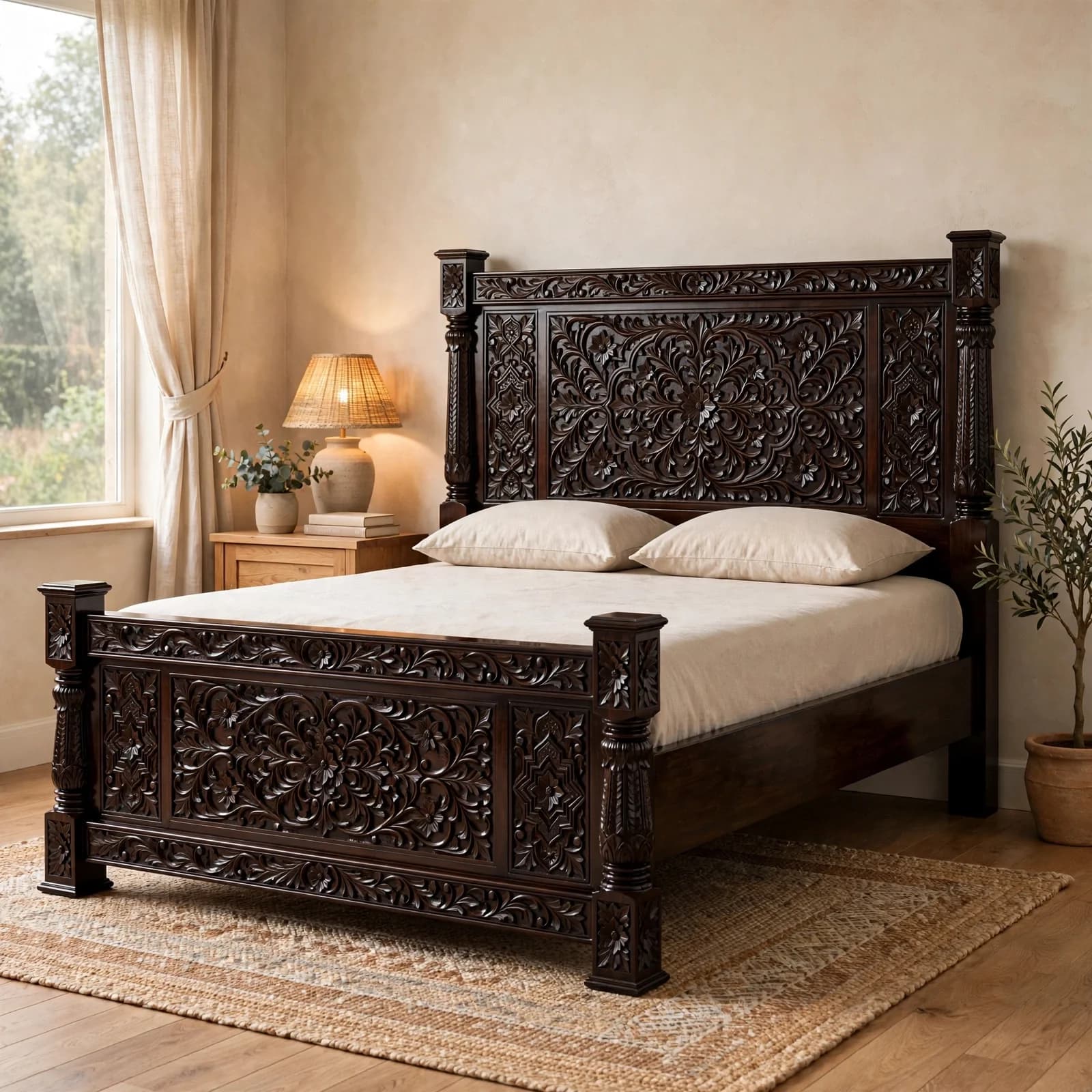 Sheesham Wood Hand Carved Bed - Walnut Finish