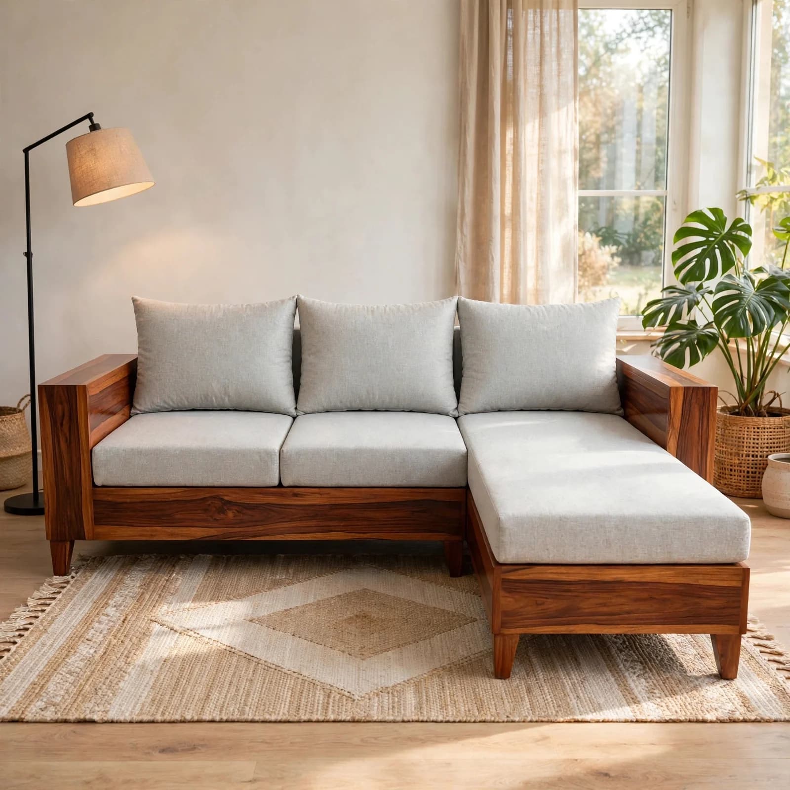 Sheesham Wood L-Shape Sectional Sofa - Honey Finish