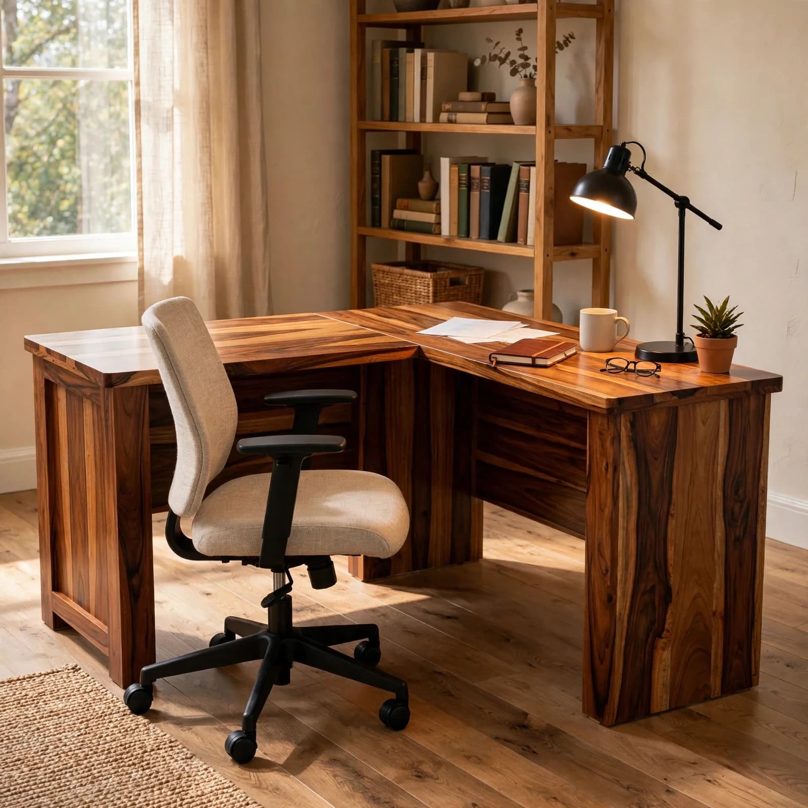Sheesham Wood L-Shape Desk - Honey Finish
