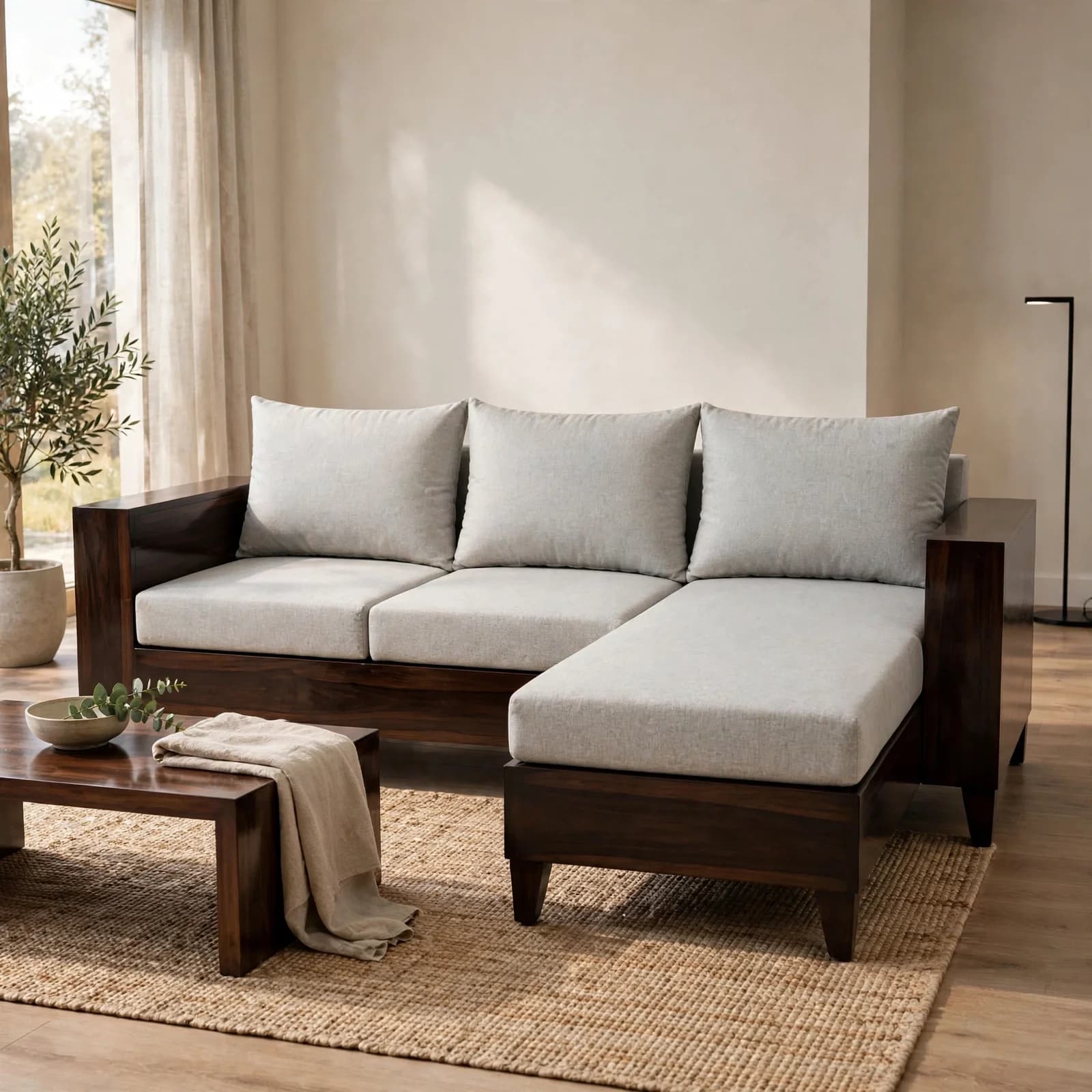 Sheesham Wood L-Shape Sectional Sofa - Walnut Finish