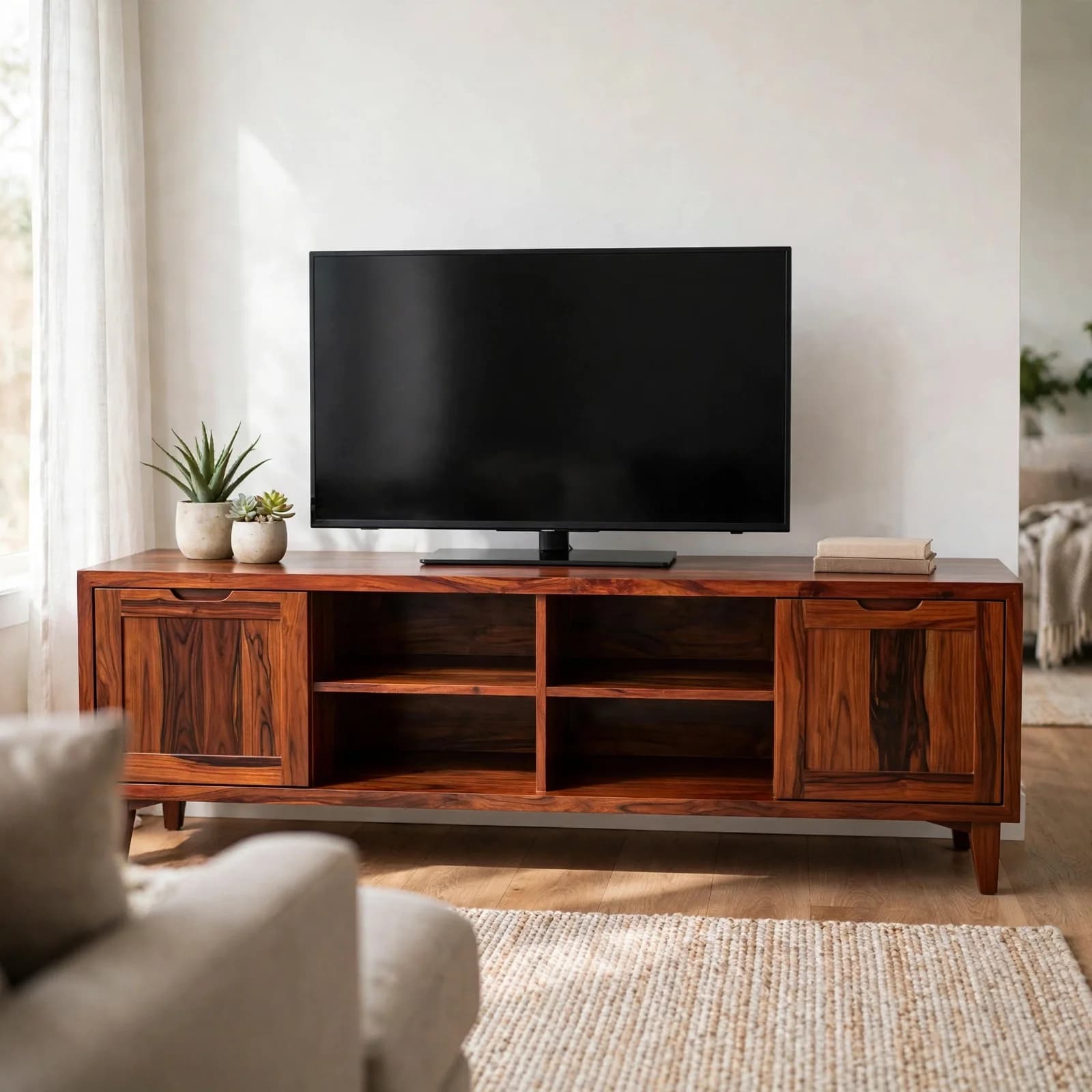 Sheesham Wood Media Console - Honey Finish