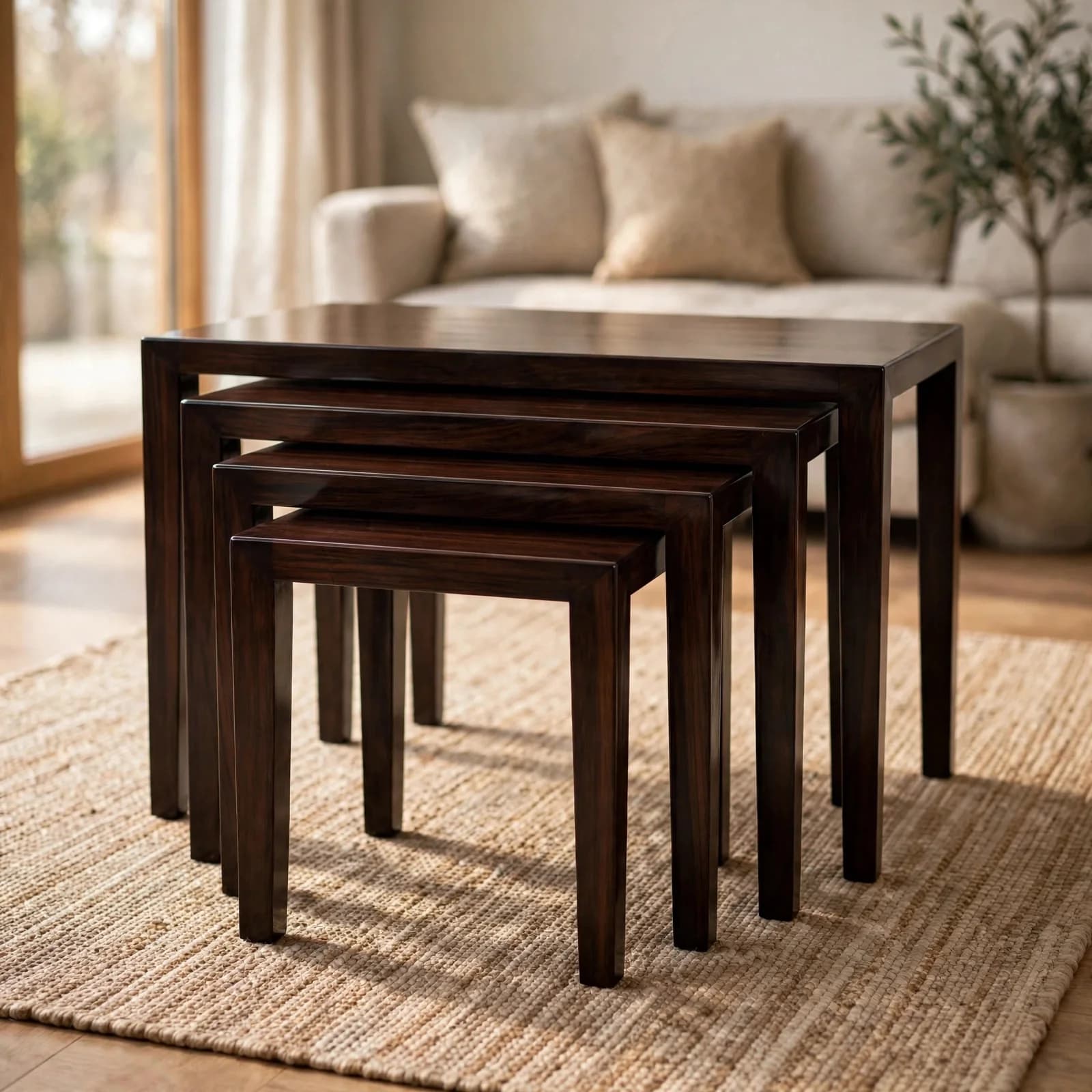Sheesham Wood Nested Coffee Table Set - Walnut Finish