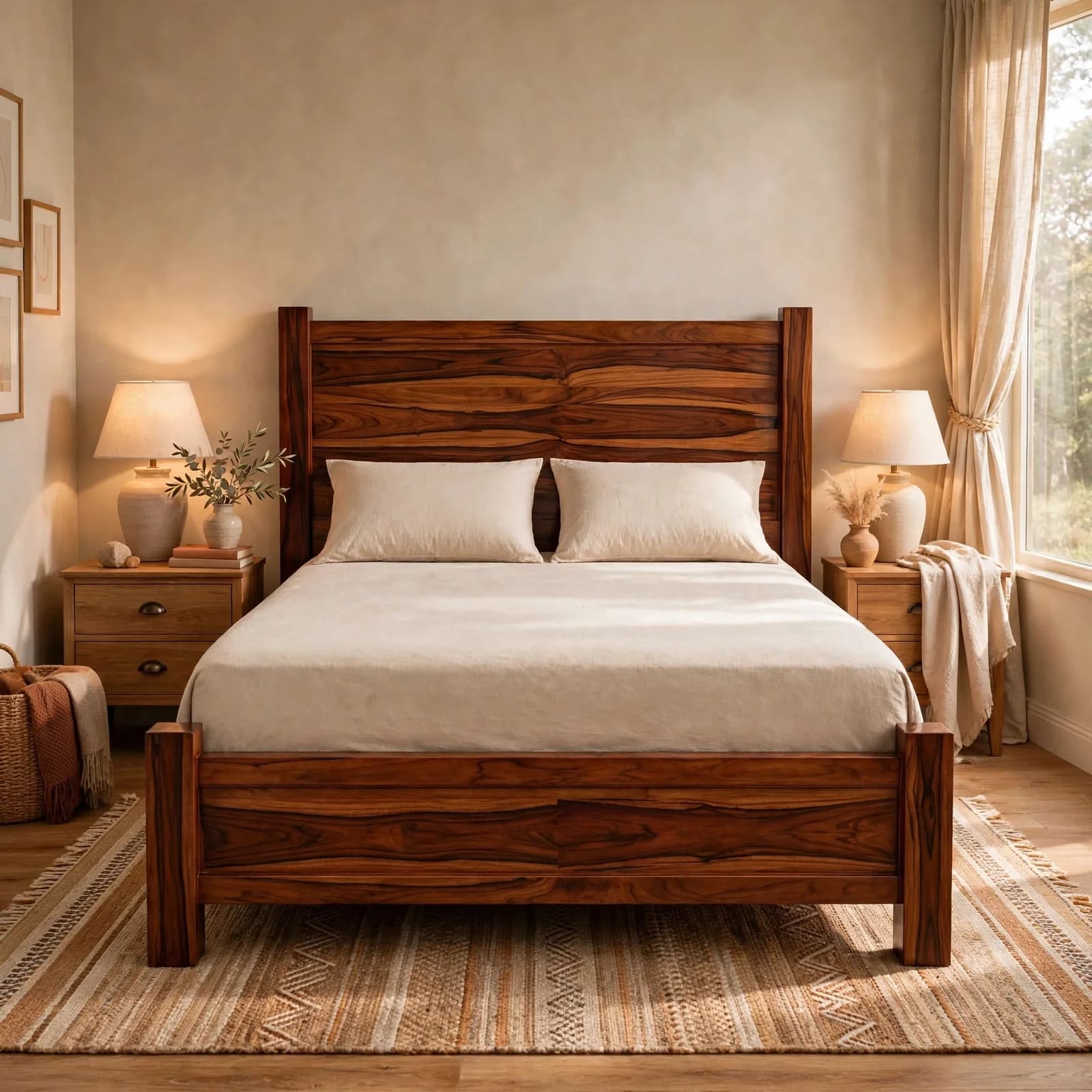 Sheesham Wood Queen Size Bed - Honey Finish