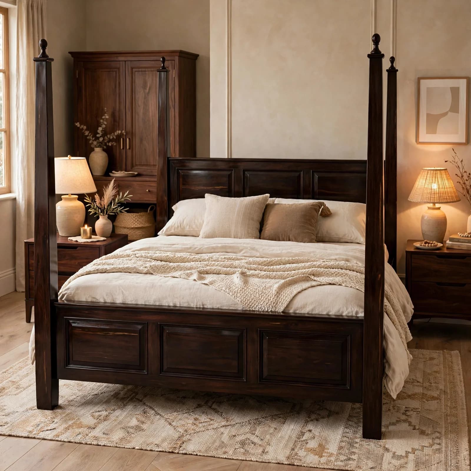 Sheesham Wood Poster Bed - Walnut Finish