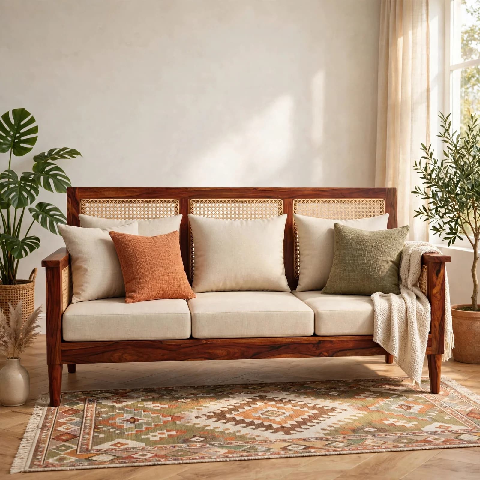 Sheesham Wood Rattan Sofa - Honey Finish